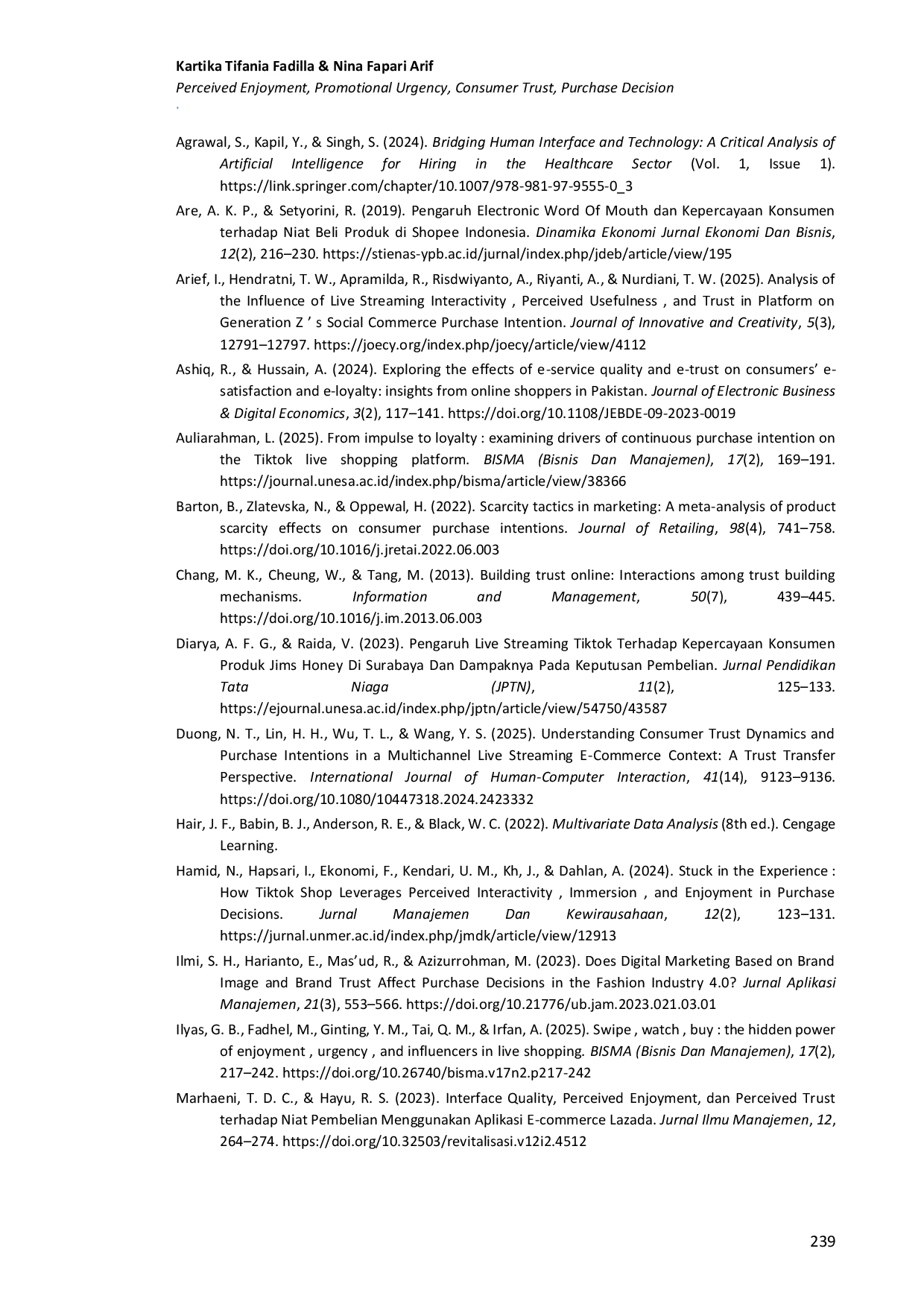JURIS The influence of perceived enjoyment promotional urgency and consumer trust on purchase decision of Whitelab via TikTok Live in Yogyakarta