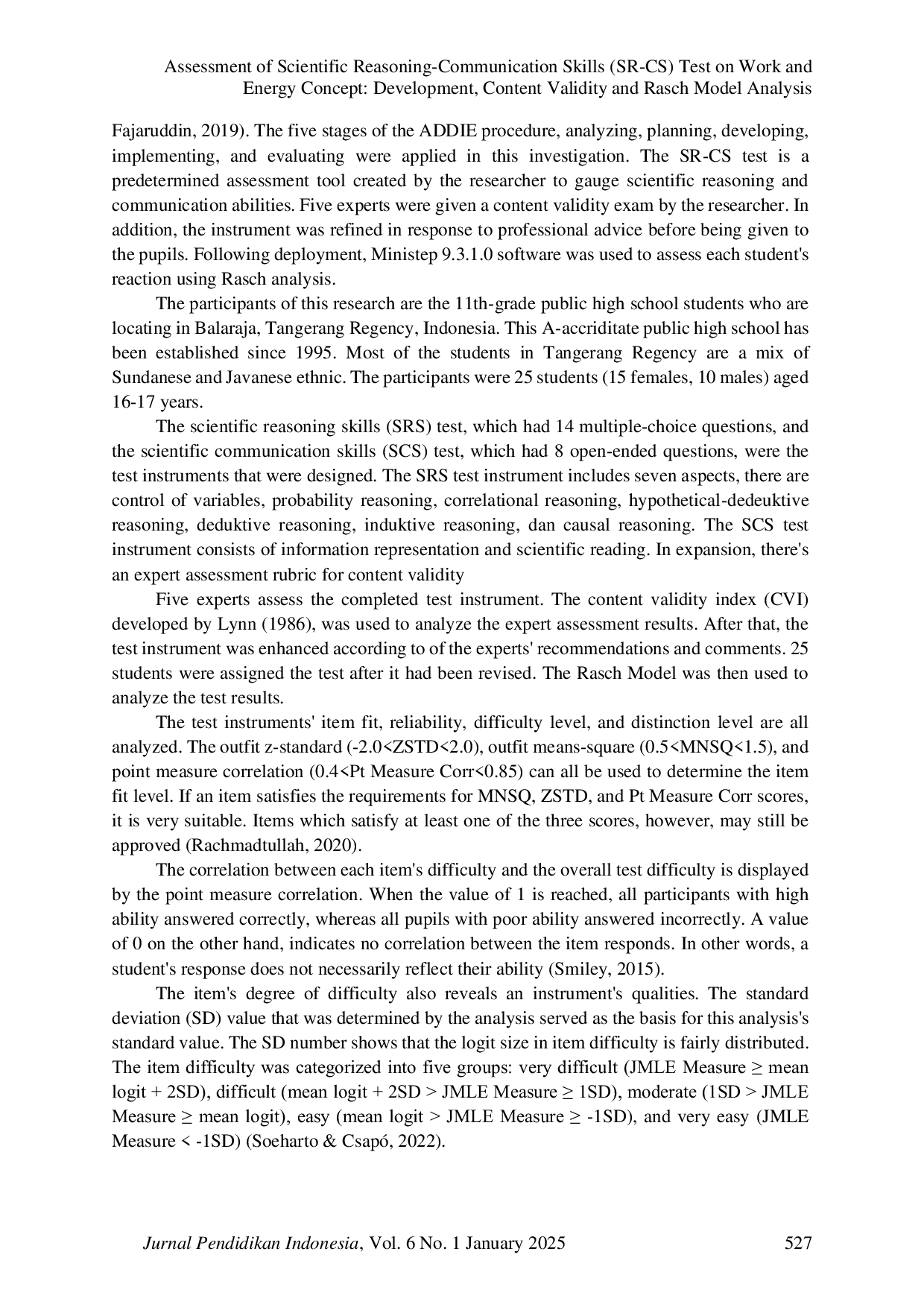 JURIS Assessment Of Scientific Reasoning Communication Skills Sr Cs Test on Work and Energy Concept Development Content Validity and Rasch Model Analysis