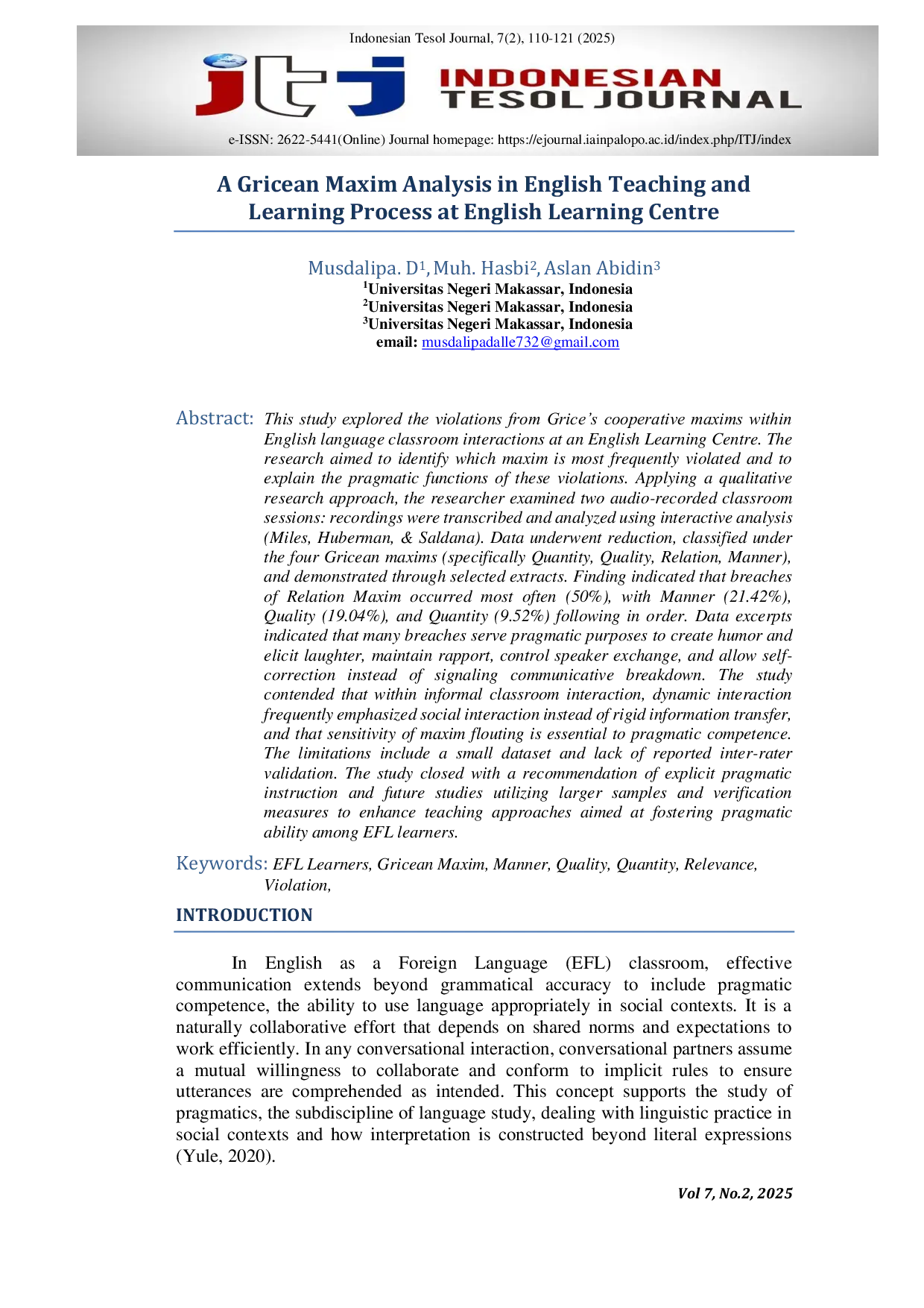 JURIS A Gricean Maxim Analysis in English Teaching and Learning Process at English Learning Centre