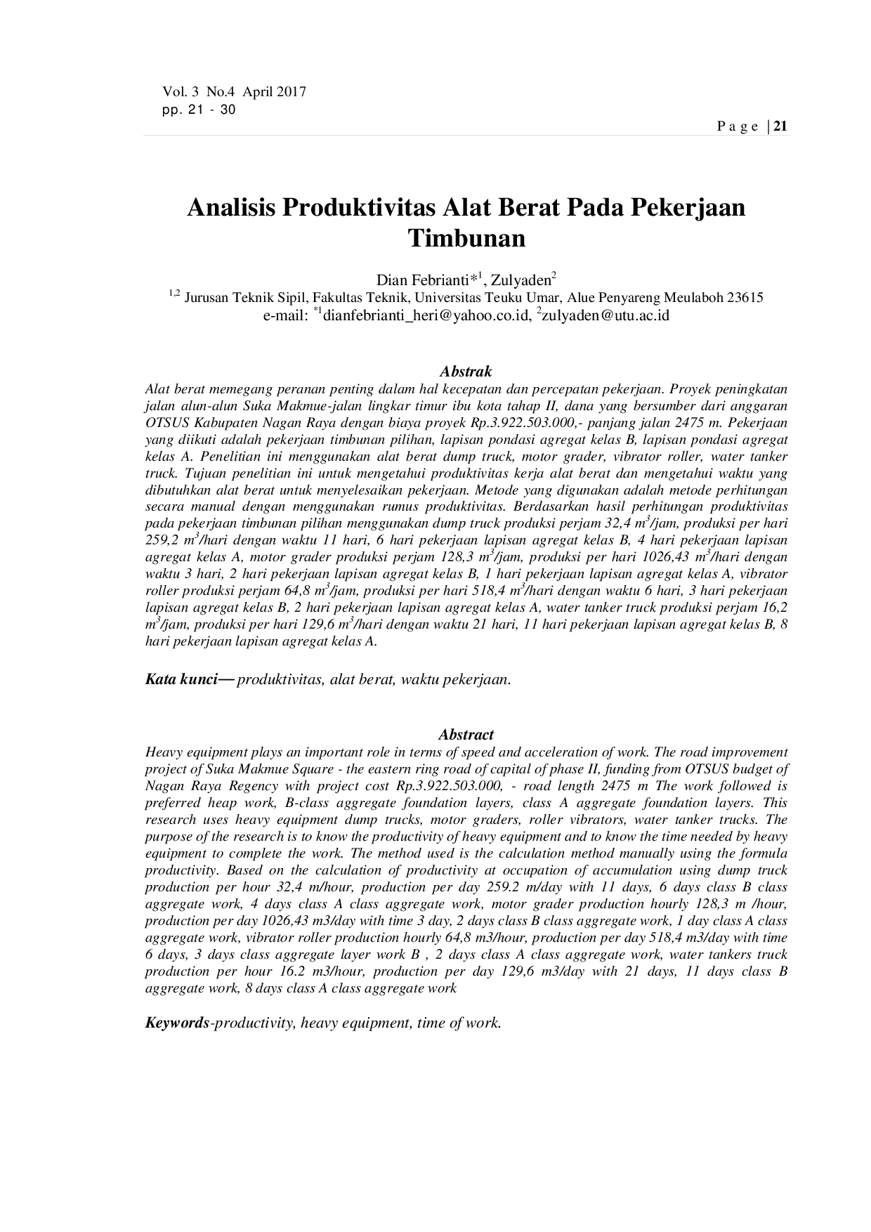 JURIS Analisis Produktivitas Alat Berat Pada Pekerjaan Timbunan