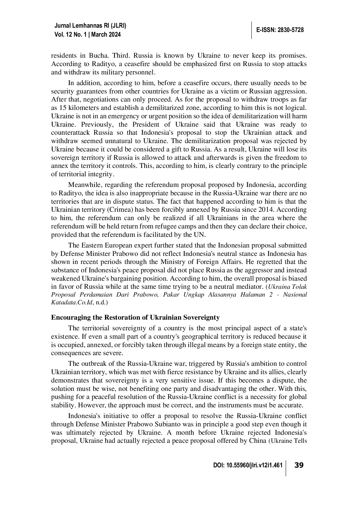 JURIS Analysis of Ukraine s Rejection of the Russian Ukrainian Conflict Resolution Proposal Proposed by Defence Minister Prabowo Subianto and its Solution