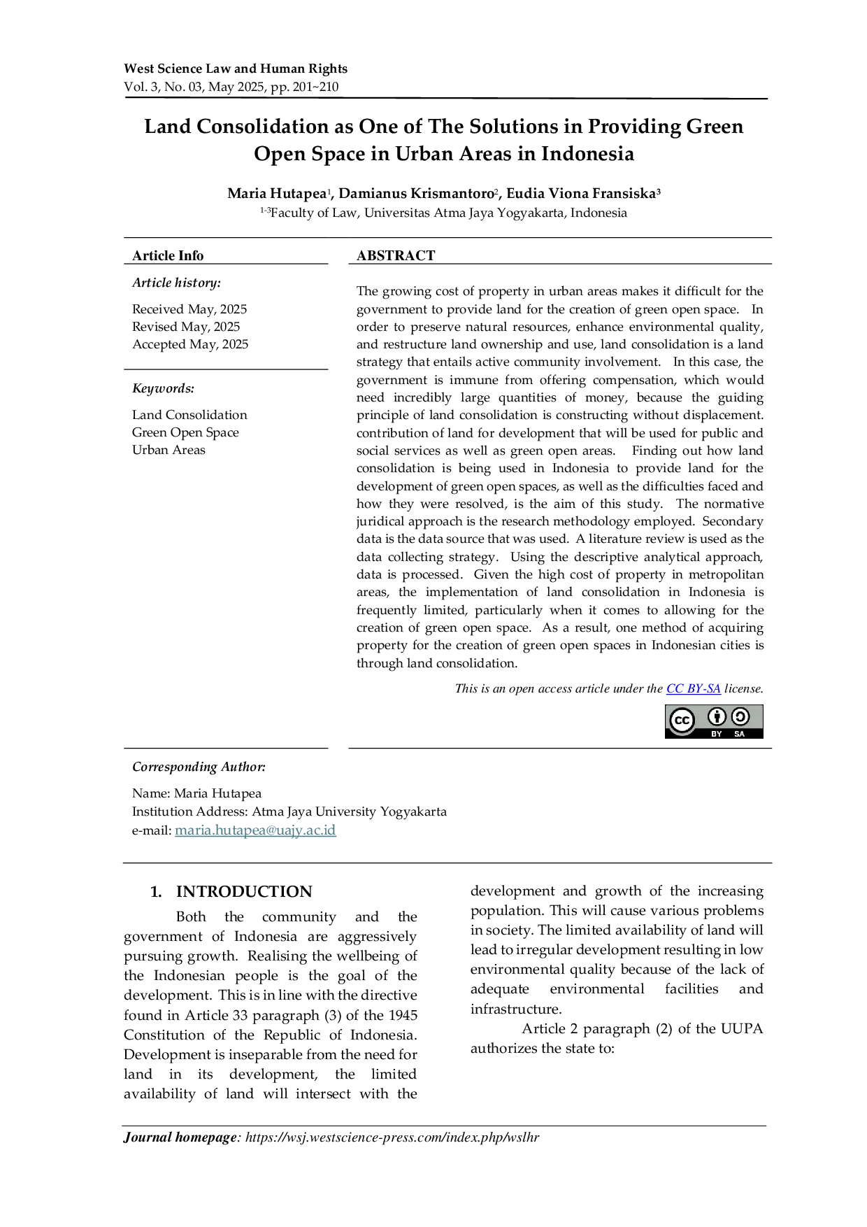 JURIS Land Consolidation as One of The Solutions in Providing Green Open Space in Urban Areas in Indonesia