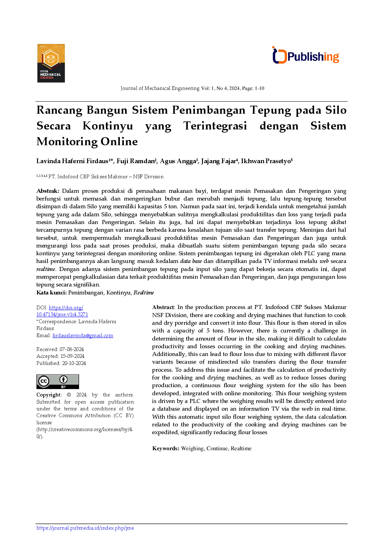 juris Rancang Bangun Sistem Penimbangan Tepung pada Silo Secara Kontinyu yang Terintegrasi dengan Sistem Monitoring Online