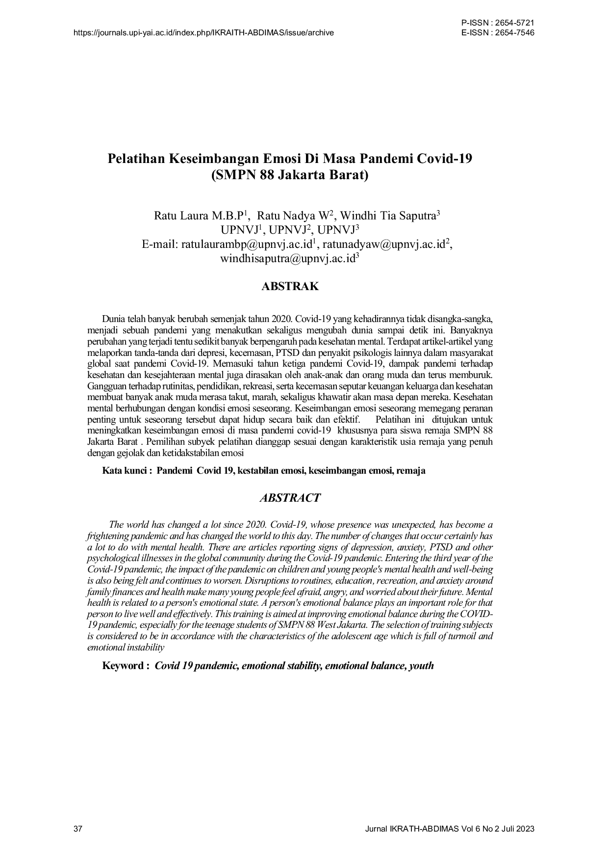 JURIS Pelatihan Keseimbangan Emosi Di Masa Pandemi Covid 19 SMPN 88 Jakarta Barat