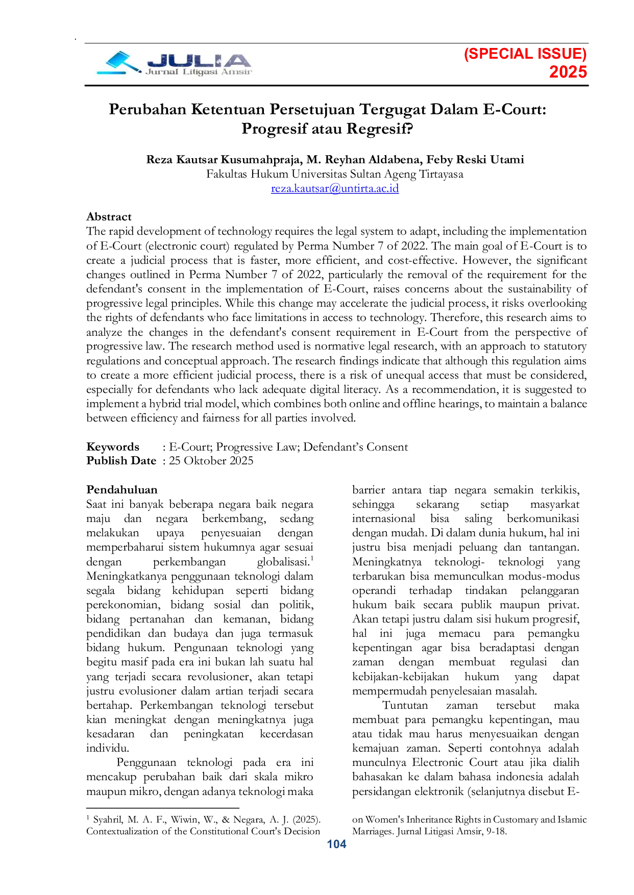 JURIS Perubahan Ketentuan Persetujuan Tergugat Dalam E Court Progresif atau Regresif