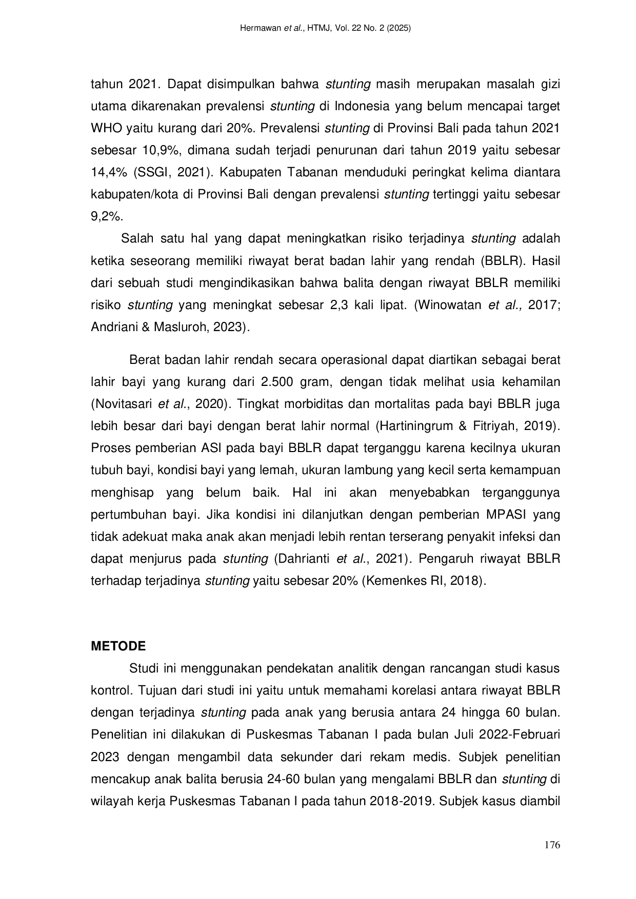 JURIS Hubungan antara BBLR dengan Terjadinya Stunting pada Balita di Puskesmas Tabanan I Tahun 2018 2019