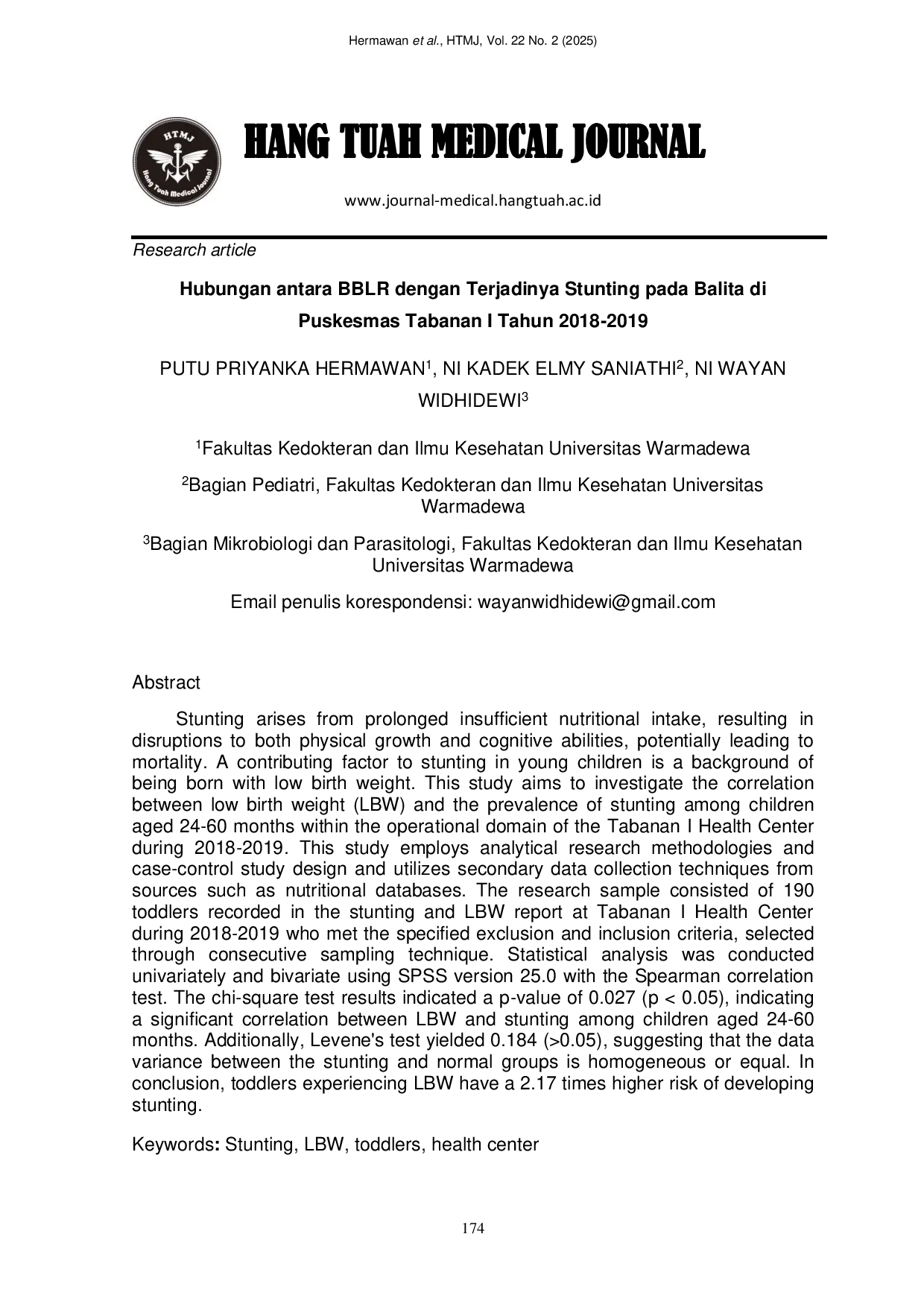 JURIS Hubungan antara BBLR dengan Terjadinya Stunting pada Balita di Puskesmas Tabanan I Tahun 2018 2019