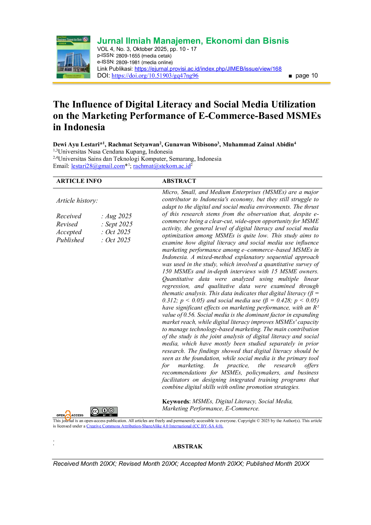 JURIS The Influence of Digital Literacy and Social Media Utilization on the Marketing Performance of E Commerce Based MSMEs in Indonesia