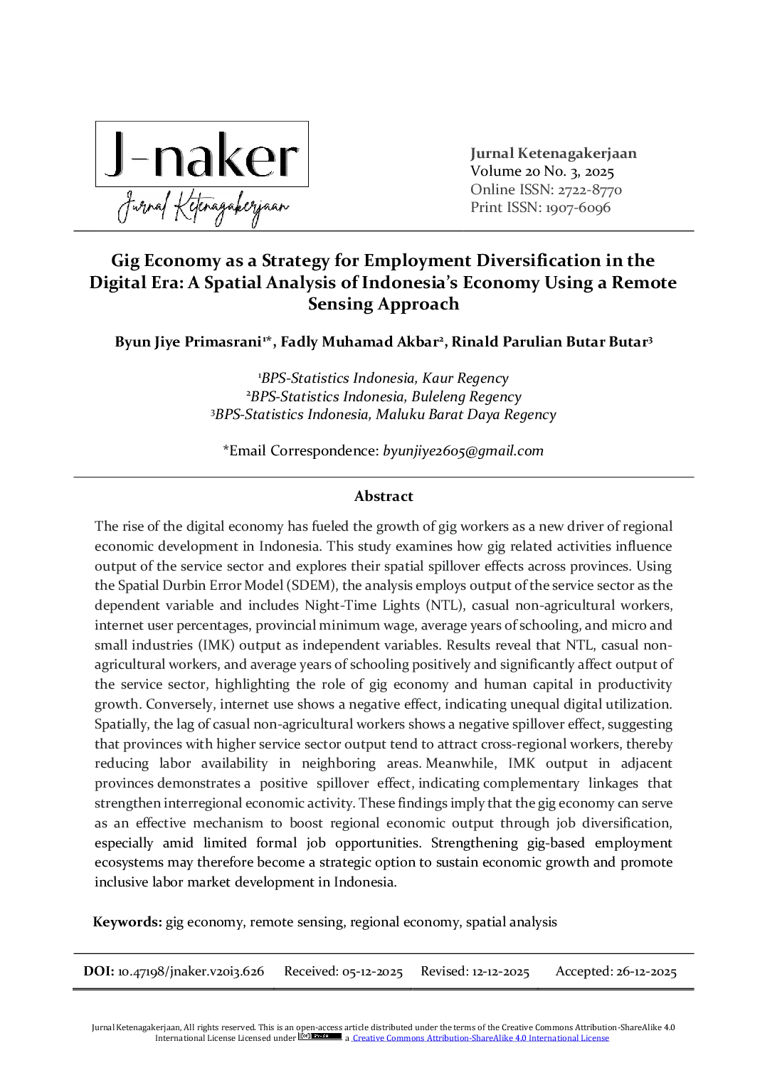 JURIS Ekonomi Gig sebagai Strategi Diversifikasi Lapangan Kerja di Era Digital Analisis Spasial Perekonomian Indonesia Menggunakan Pendekatan Penginderaan Jauh
