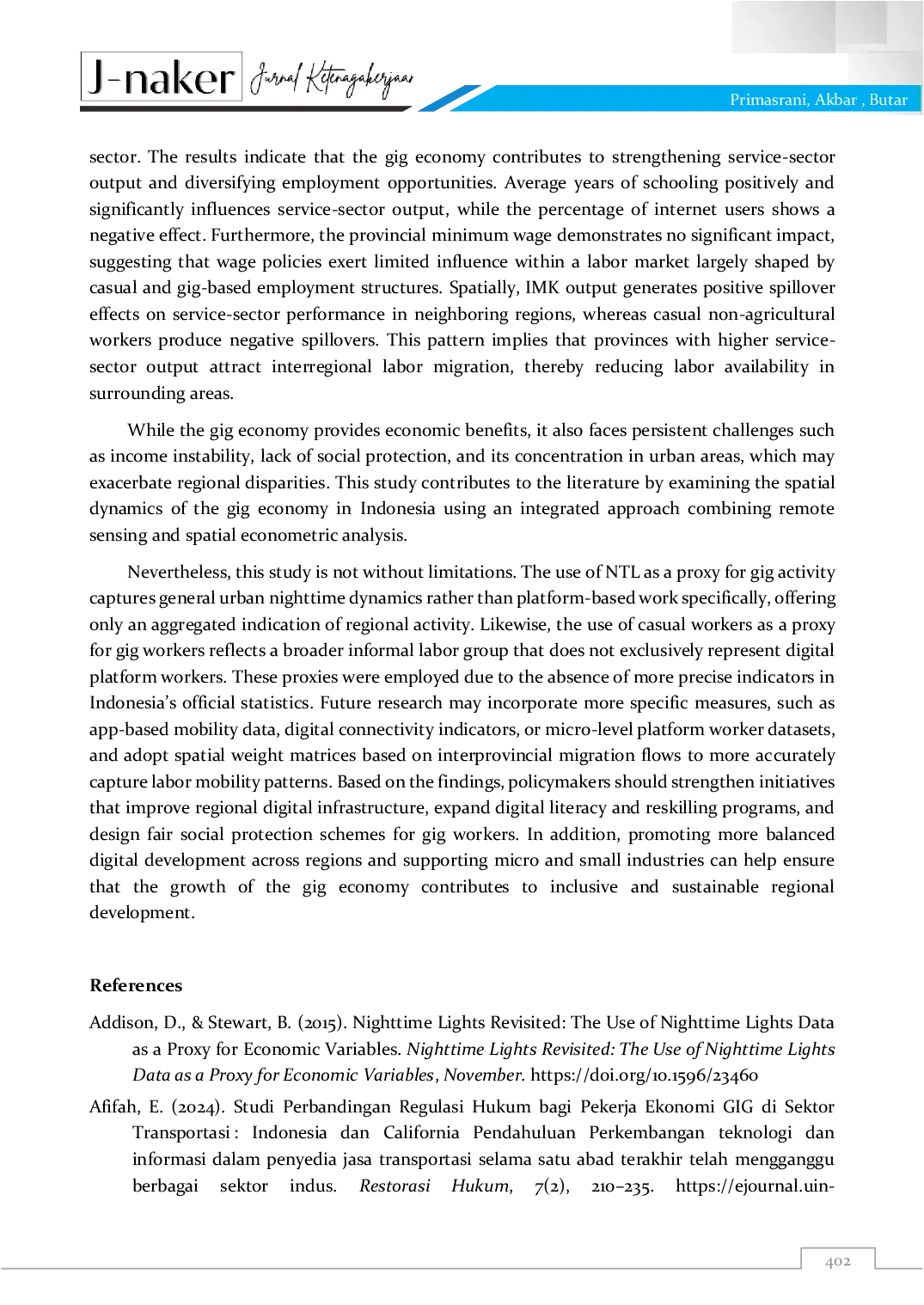 JURIS Ekonomi Gig sebagai Strategi Diversifikasi Lapangan Kerja di Era Digital Analisis Spasial Perekonomian Indonesia Menggunakan Pendekatan Penginderaan Jauh