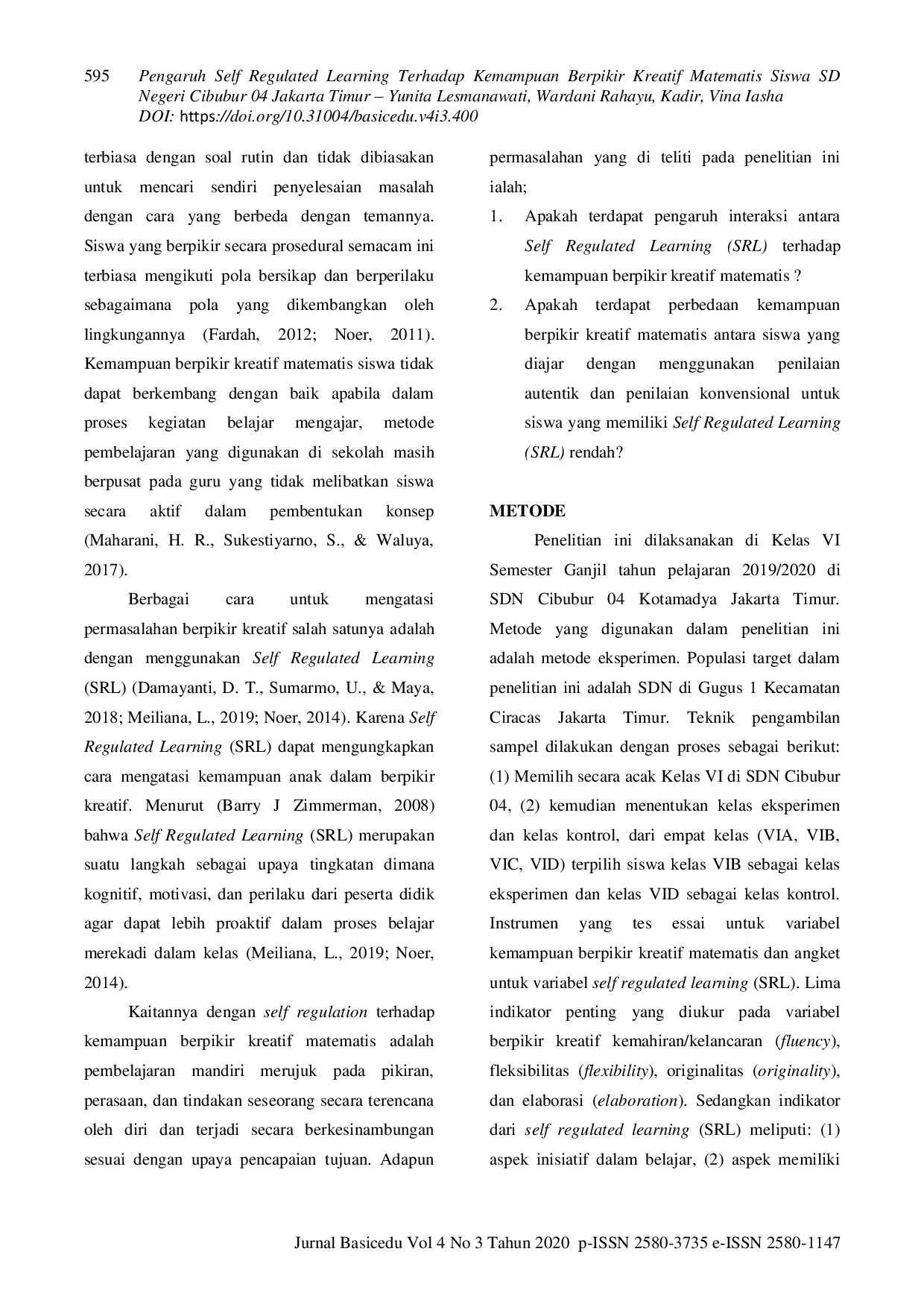 JURIS Pengaruh Self Regulated Learning terhadap Kemampuan Berpikir Kreatif Matematis Siswa Sekolah Dasar