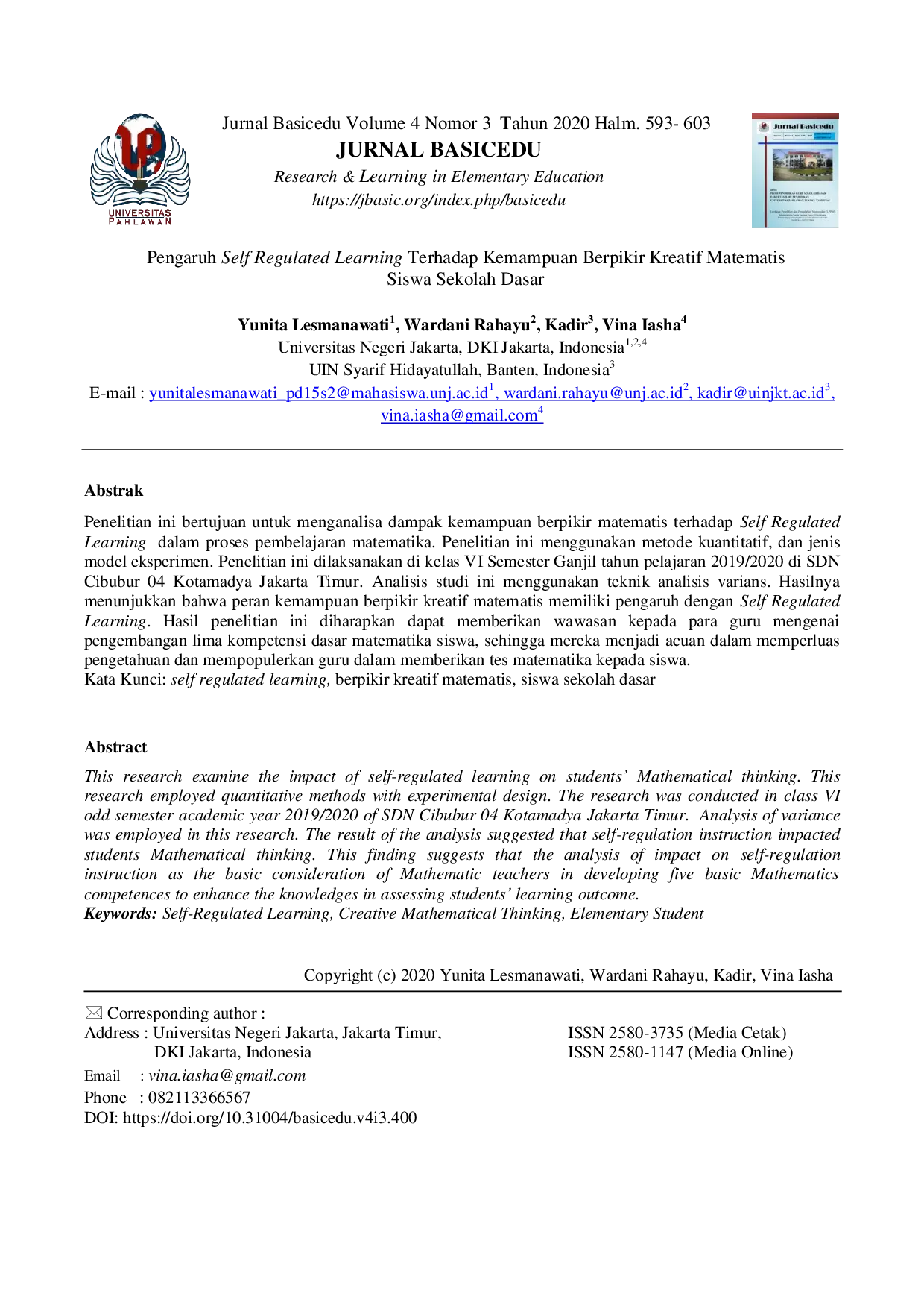 JURIS Pengaruh Self Regulated Learning terhadap Kemampuan Berpikir Kreatif Matematis Siswa Sekolah Dasar