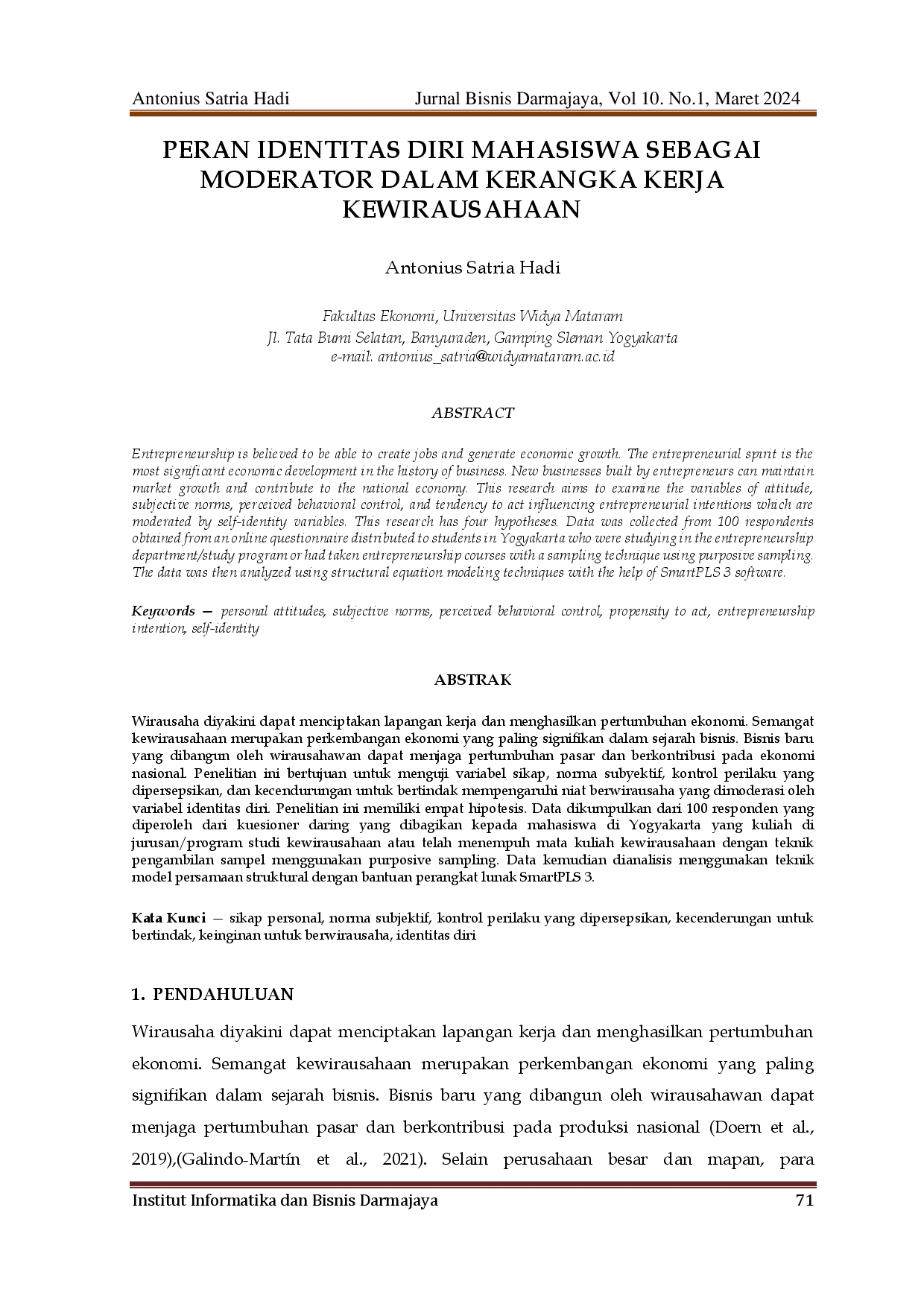 juris Peran Identitas Diri Mahasiswa Sebagai Moderator Dalam Kerangka Kerja Kewirausahaan