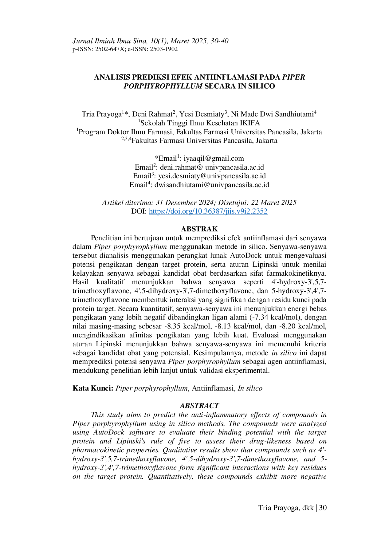 JURIS Analisis Prediksi Efek Antiinflamasi Pada Piper Porphyrophyllum Secara In Silico