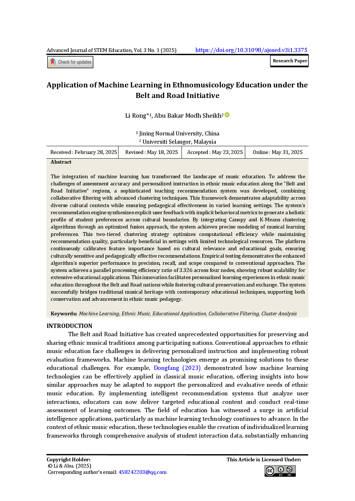 juris Application of Machine Learning in Ethnomusicology Education under the Belt and Road Initiative