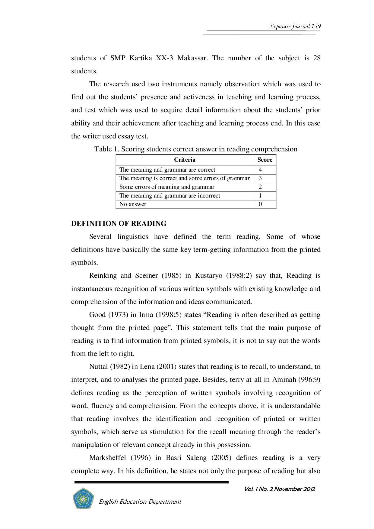 JURIS Cooperative Learning Stad Type Method To Improve The Students Reading Achievement