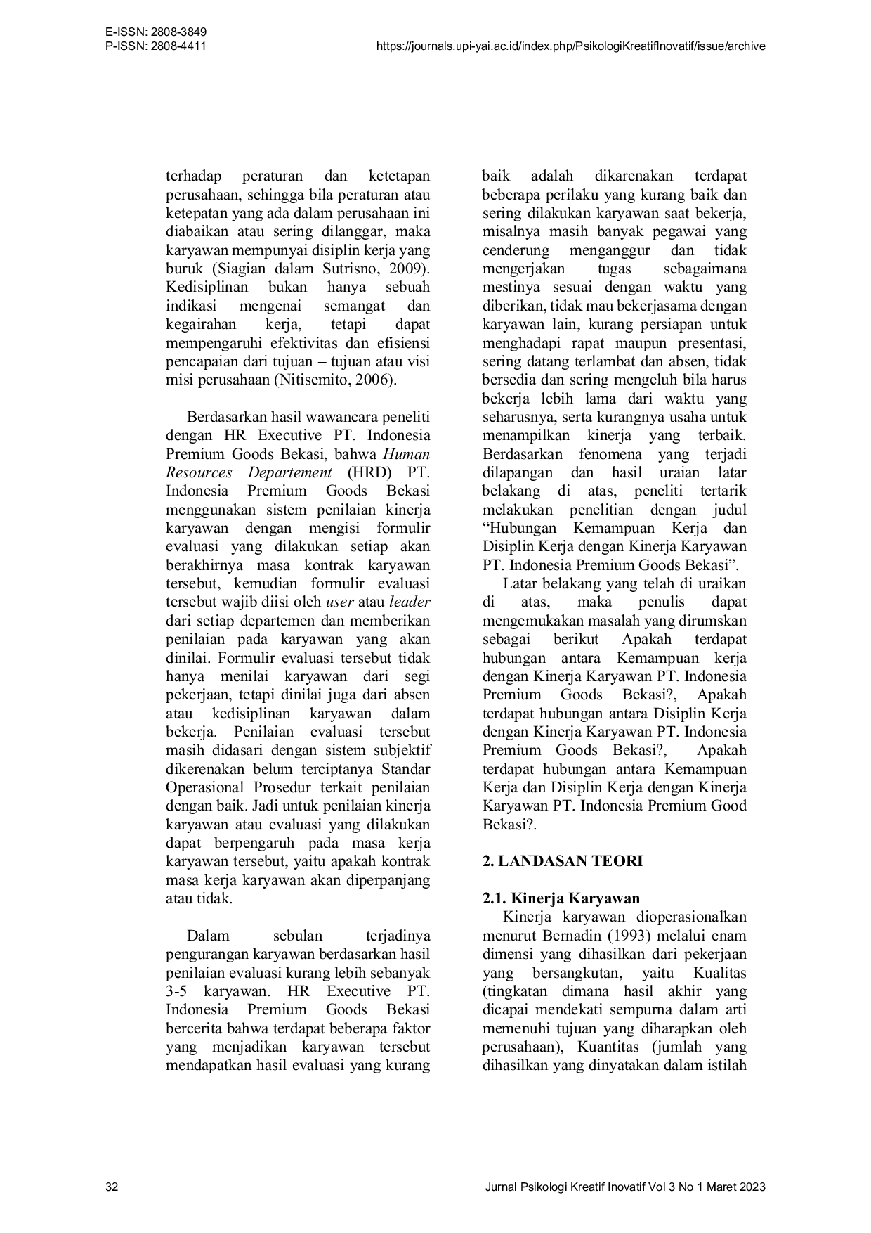 JURIS Hubungan Antara Kemampuan Kerja dan Disiplin Kerja dengan Kinerja Karyawan PT Indonesia Premium Goods Bekasi