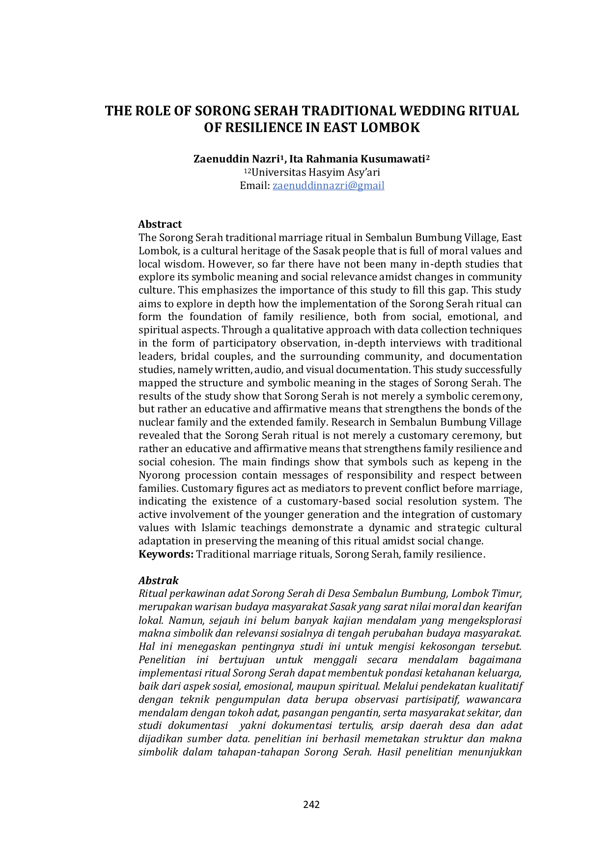 JURIS The Role of Sorong Serah Traditional Wedding Ritual of Resilience in East Lombok