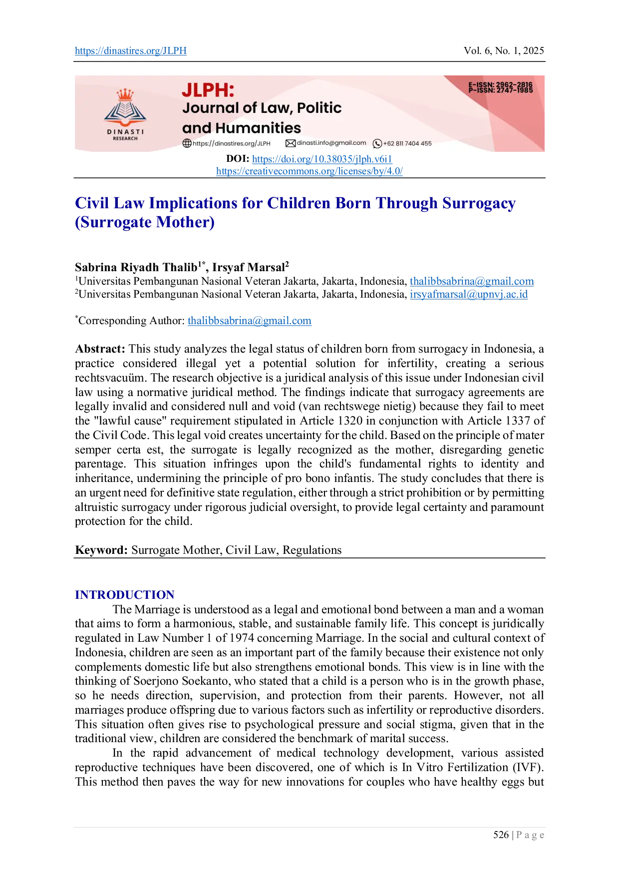 JURIS Civil Law Implications for Children Born Through Surrogacy Surrogate Mother