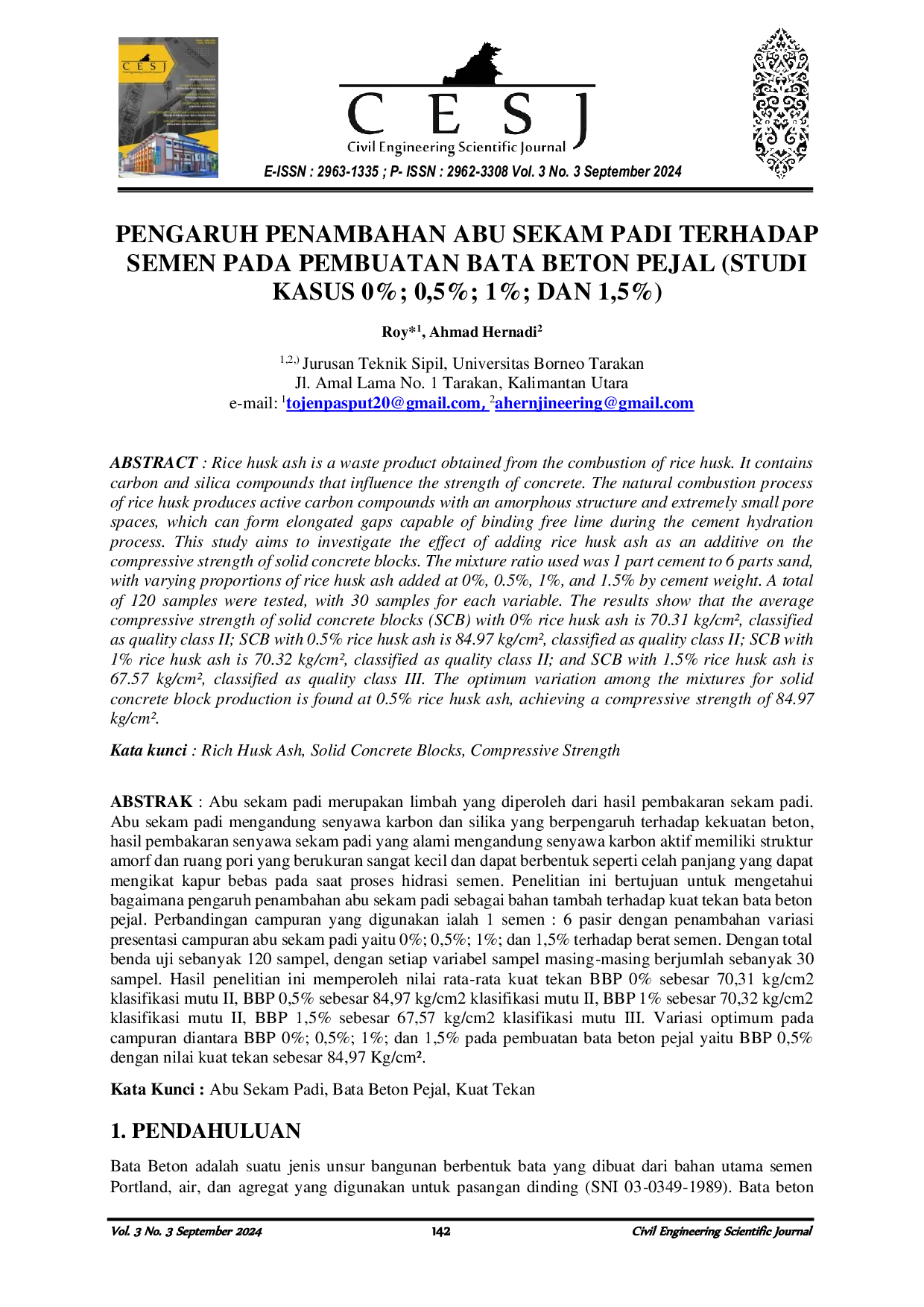JURIS Pengaruh Penambahan Abu Sekam Padi Terhadap Semen Pada Pembuatan Bata Beton Pejal Studi Kasus 0 0 5 1 Dan 1 5