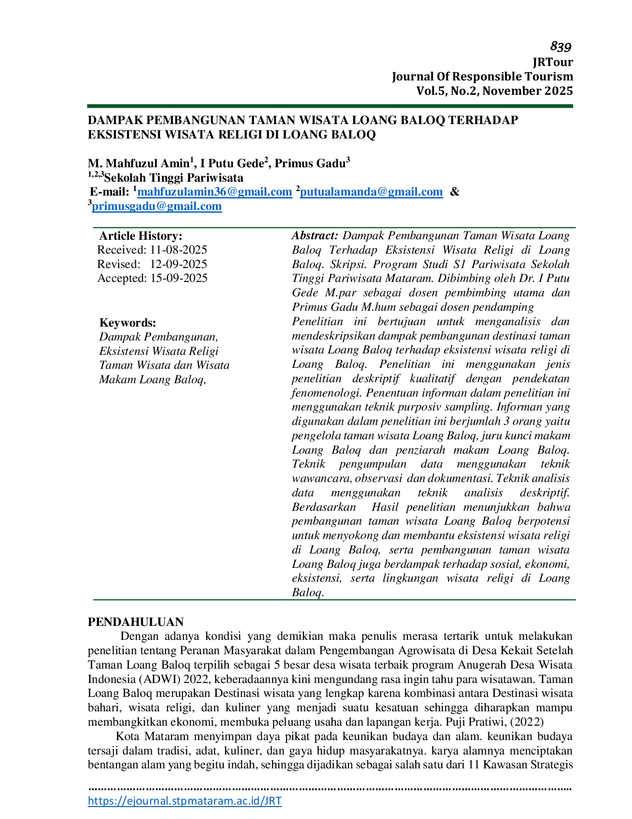JURIS Dampak Pembangunan Taman Wisata Loang Baloq Terhadap Eksistensi Wisata Religi di Loang Baloq