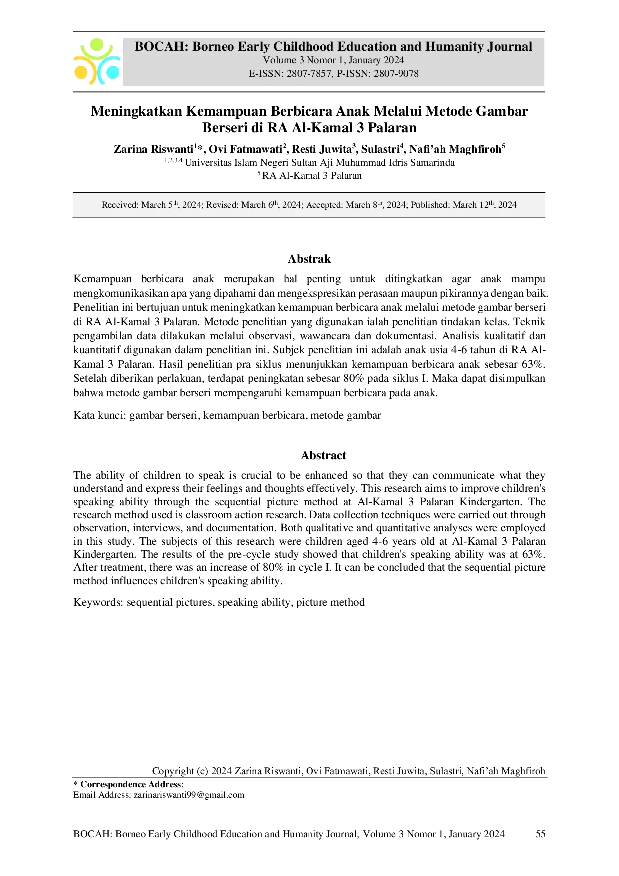 JURIS Meningkatkan Kemampuan Berbicara Anak melalui Metode Gambar Berseri di RA Al Kamal 3 Palaran