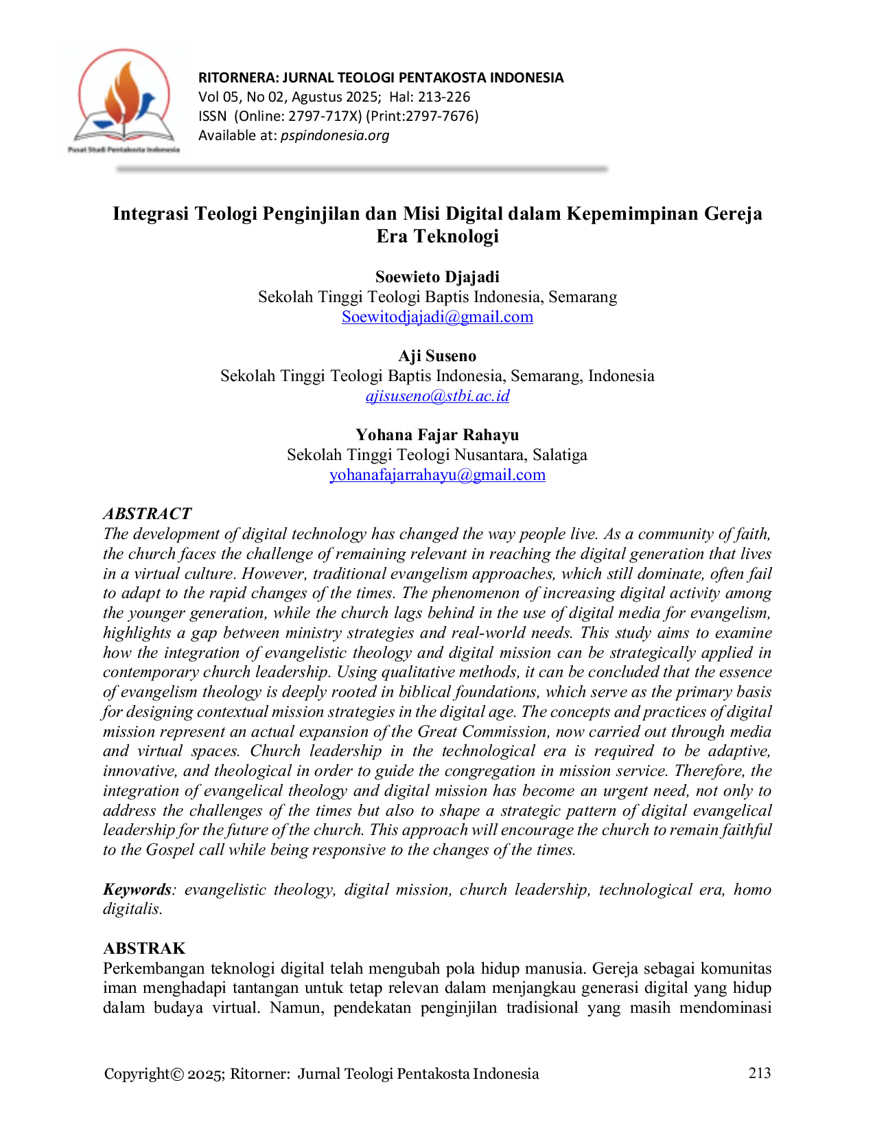 JURIS Integrasi Teologi Penginjilan dan Misi Digital dalam Kepemimpinan Gereja Era Teknologi