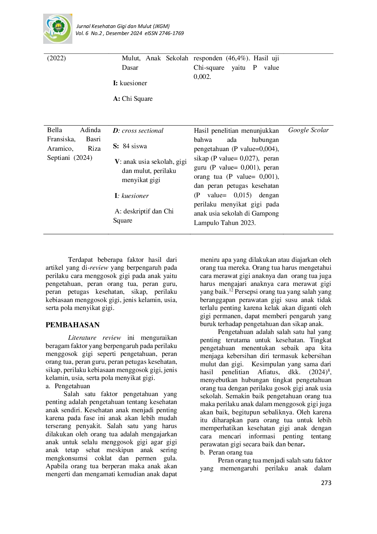 JURIS Analisis Faktor yang Memengaruhi Perilaku Menggosok Gigi pada Anak Literatur Review