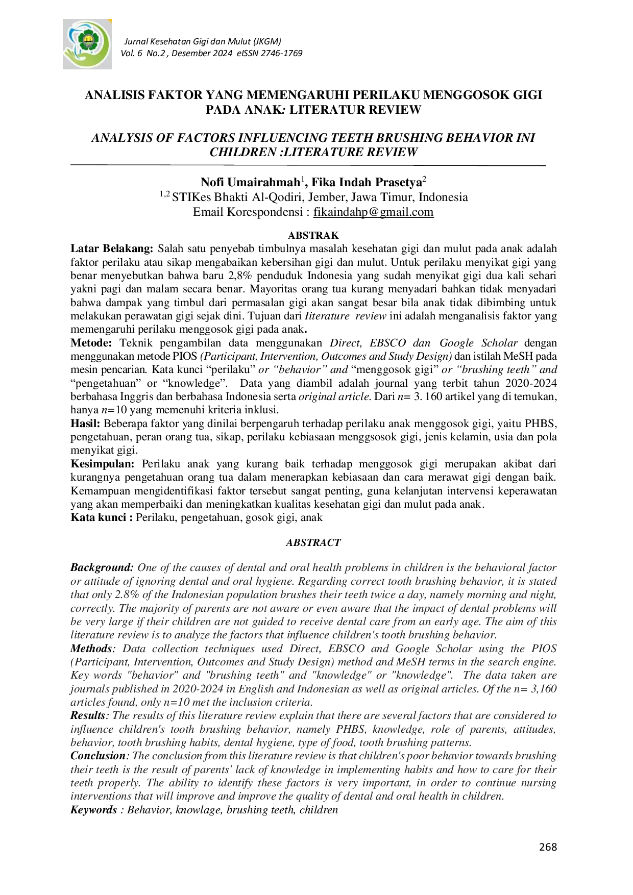 JURIS Analisis Faktor yang Memengaruhi Perilaku Menggosok Gigi pada Anak Literatur Review