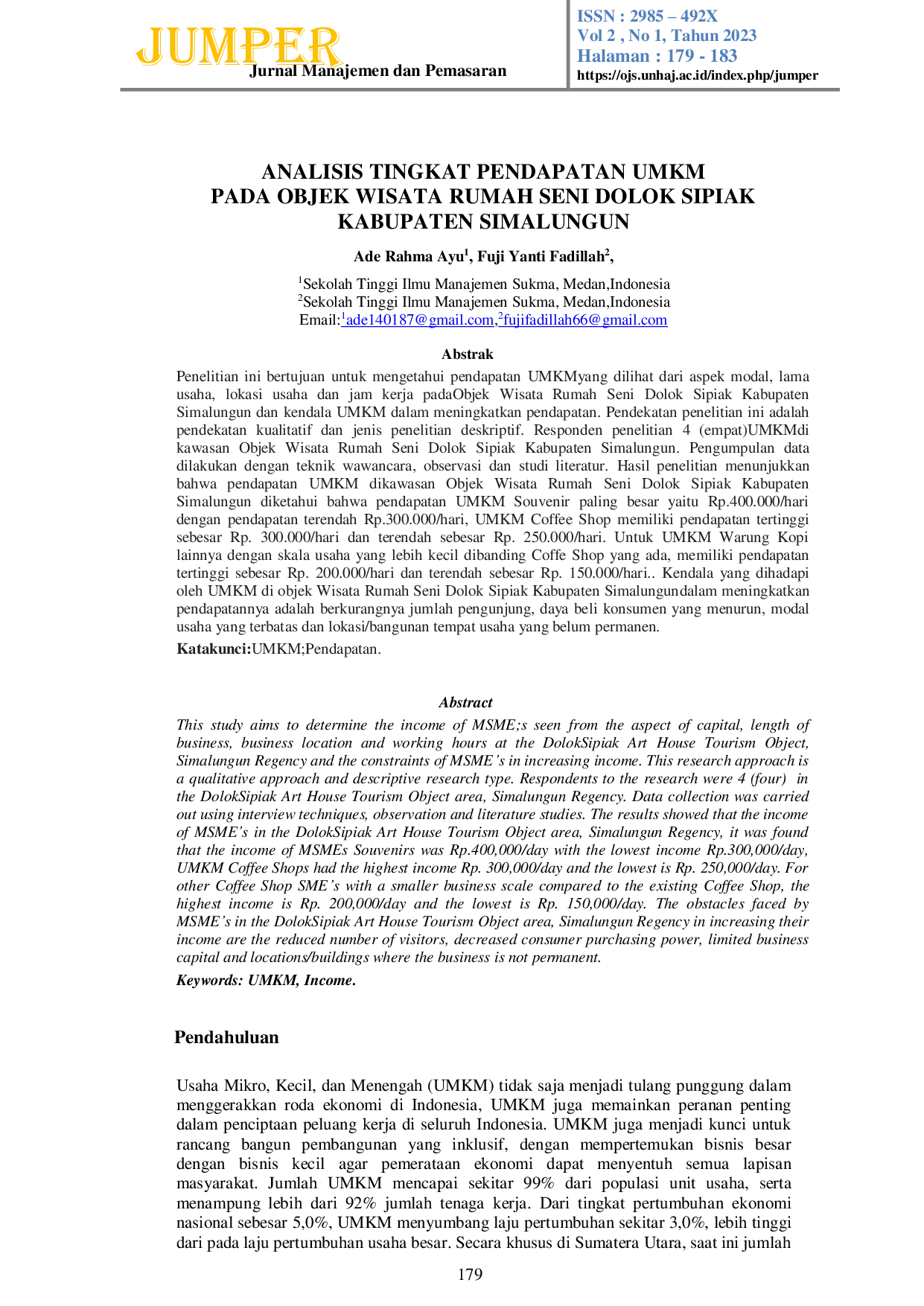 JURIS Analisis Tingkat Pendapatan UMKM Pada Objek Wisata Rumah Seni Dolok Sipiak Kabupaten Simalungun
