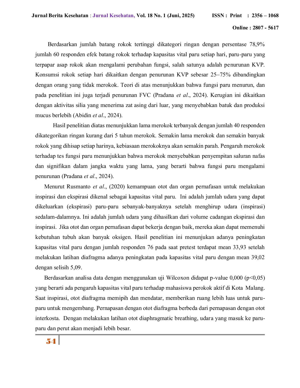 JURIS Pengaruh Diapragmatic Breathing Exercise Terhadap Kapasitas Vital Paru Pada Mahasiswa Perokok Aktif Di Kota Malang