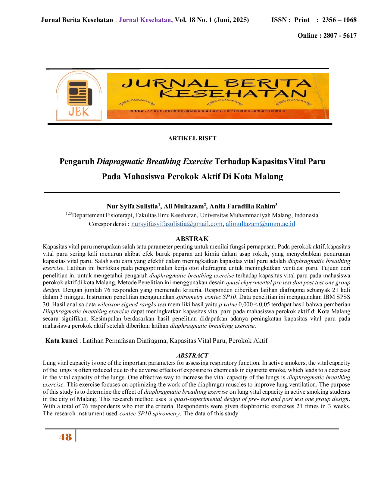 JURIS Pengaruh Diapragmatic Breathing Exercise Terhadap Kapasitas Vital Paru Pada Mahasiswa Perokok Aktif Di Kota Malang