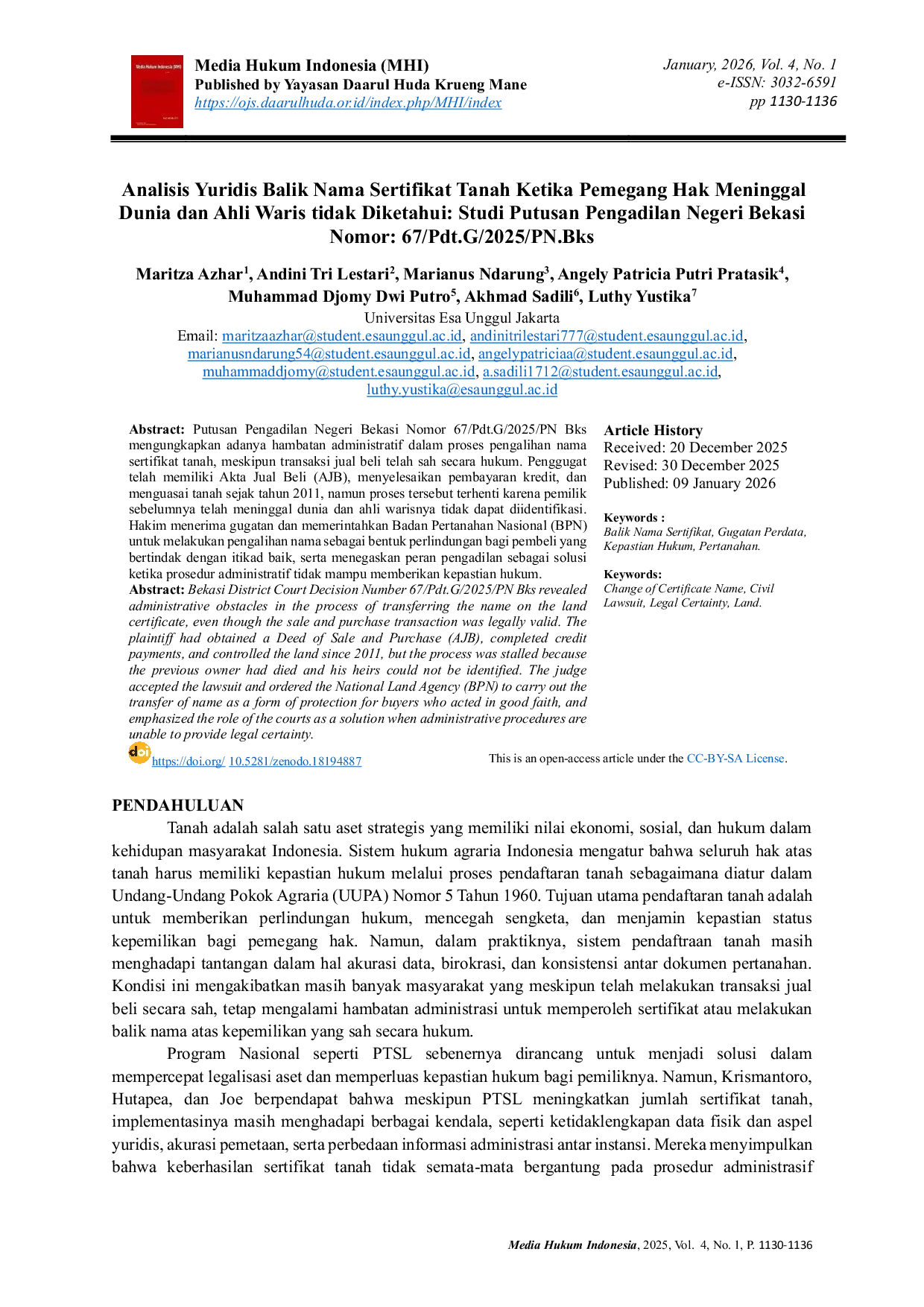 JURIS Analisis Yuridis Balik Nama Sertifikat Tanah Ketika Pemegang Hak Meninggal Dunia dan Ahli Waris tidak Diketahui Studi Putusan Pengadilan Negeri Bekasi Nomor 67 Pdt G 2025 PN Bks