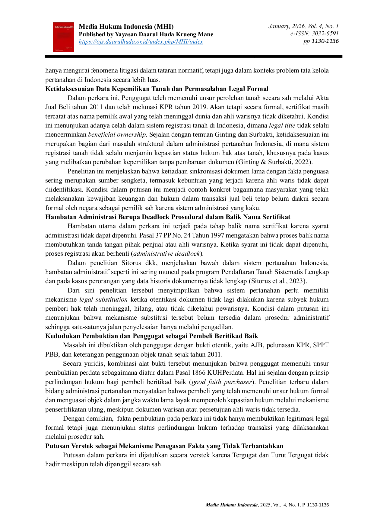 JURIS Analisis Yuridis Balik Nama Sertifikat Tanah Ketika Pemegang Hak Meninggal Dunia dan Ahli Waris tidak Diketahui Studi Putusan Pengadilan Negeri Bekasi Nomor 67 Pdt G 2025 PN Bks