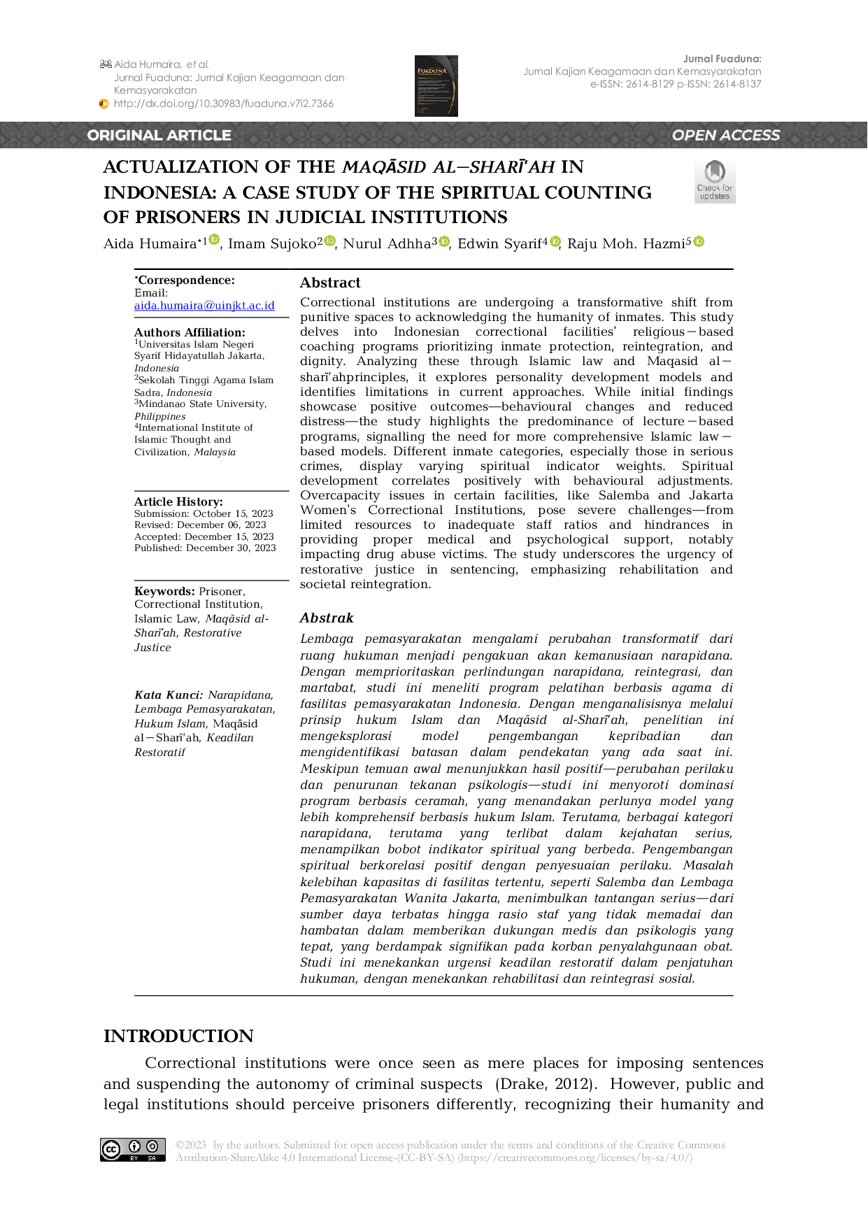 JURIS Actualization of the Maqsid Al Shar ah in Indonesia A Case Study of the Spiritual Counting of Prisoners in Judicial Institutions