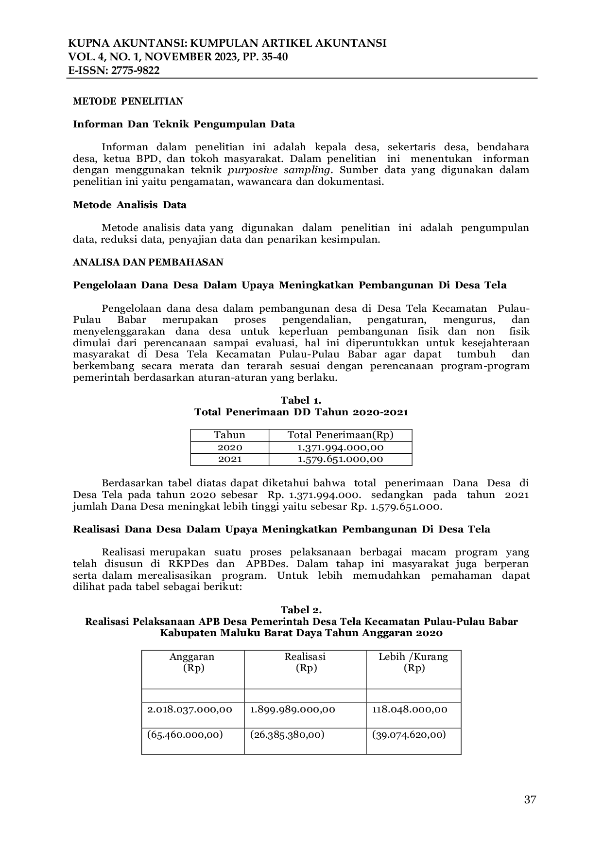 JURIS Analisis Pengelolaan Dana Desa Dalam Upaya Meningkatkan Pembangunan Di Desa Tela Kecamatan Pulau Pulau Babar Kabupaten Maluku Barat Daya