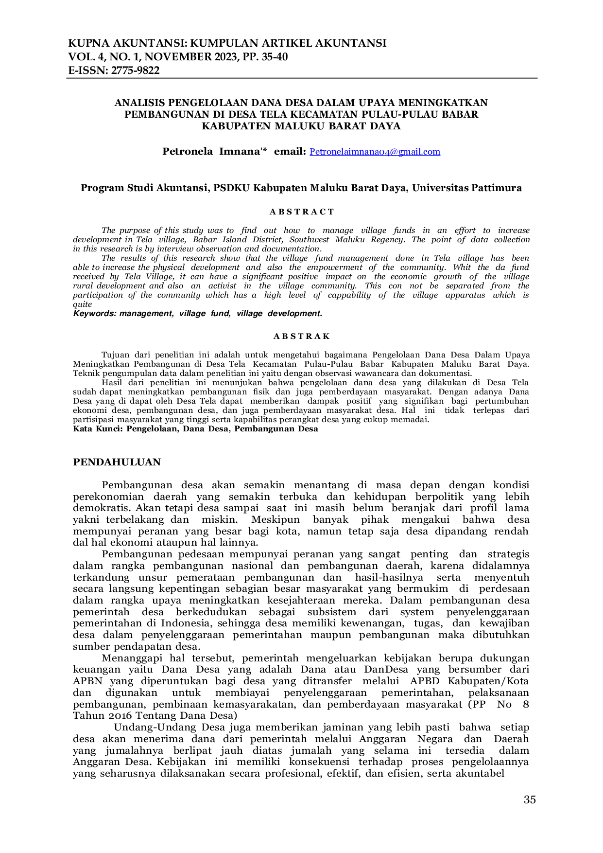 JURIS Analisis Pengelolaan Dana Desa Dalam Upaya Meningkatkan Pembangunan Di Desa Tela Kecamatan Pulau Pulau Babar Kabupaten Maluku Barat Daya