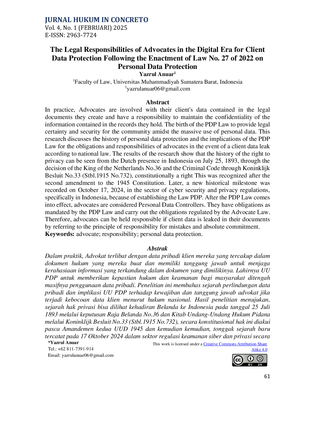 JURIS The Legal Responsibilities of Advocates in the Digital Era for Client Data Protection Following the Enactment of Law No 27 of 2022 on Personal Data Protection