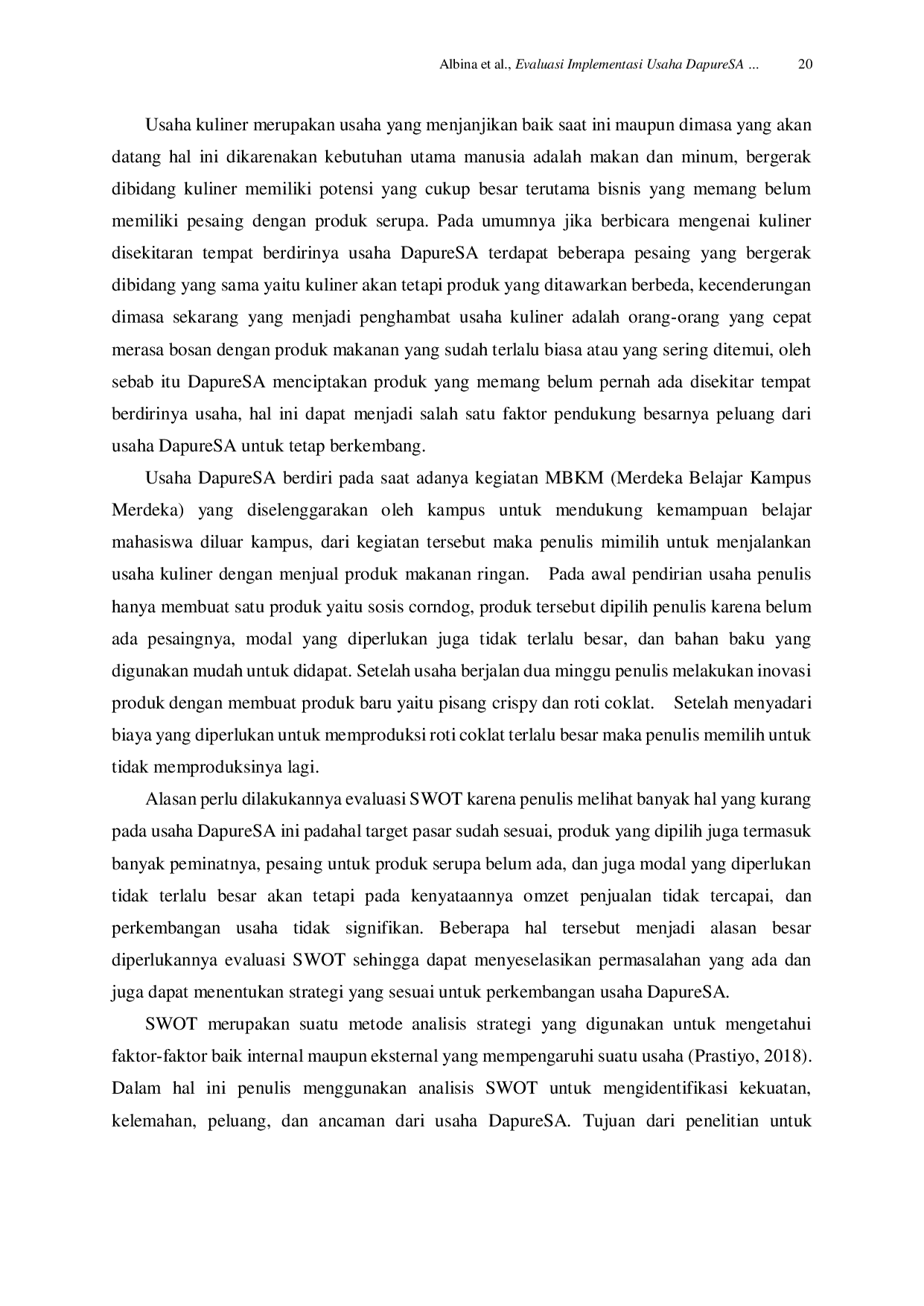 JURIS Evaluasi Implementasi Usaha DapureSA Berbasis Analisis SWOT