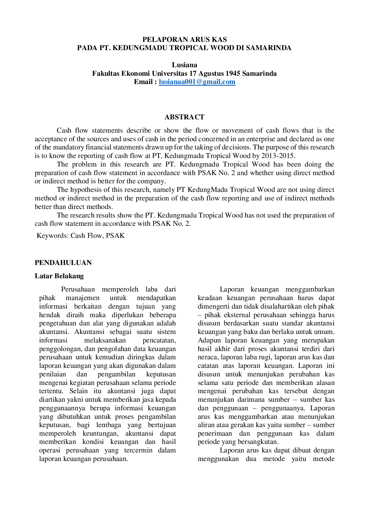 JURIS Pelaporan Arus Kas Pada PT Kedungmadu Tropical Wood Di Samarinda
