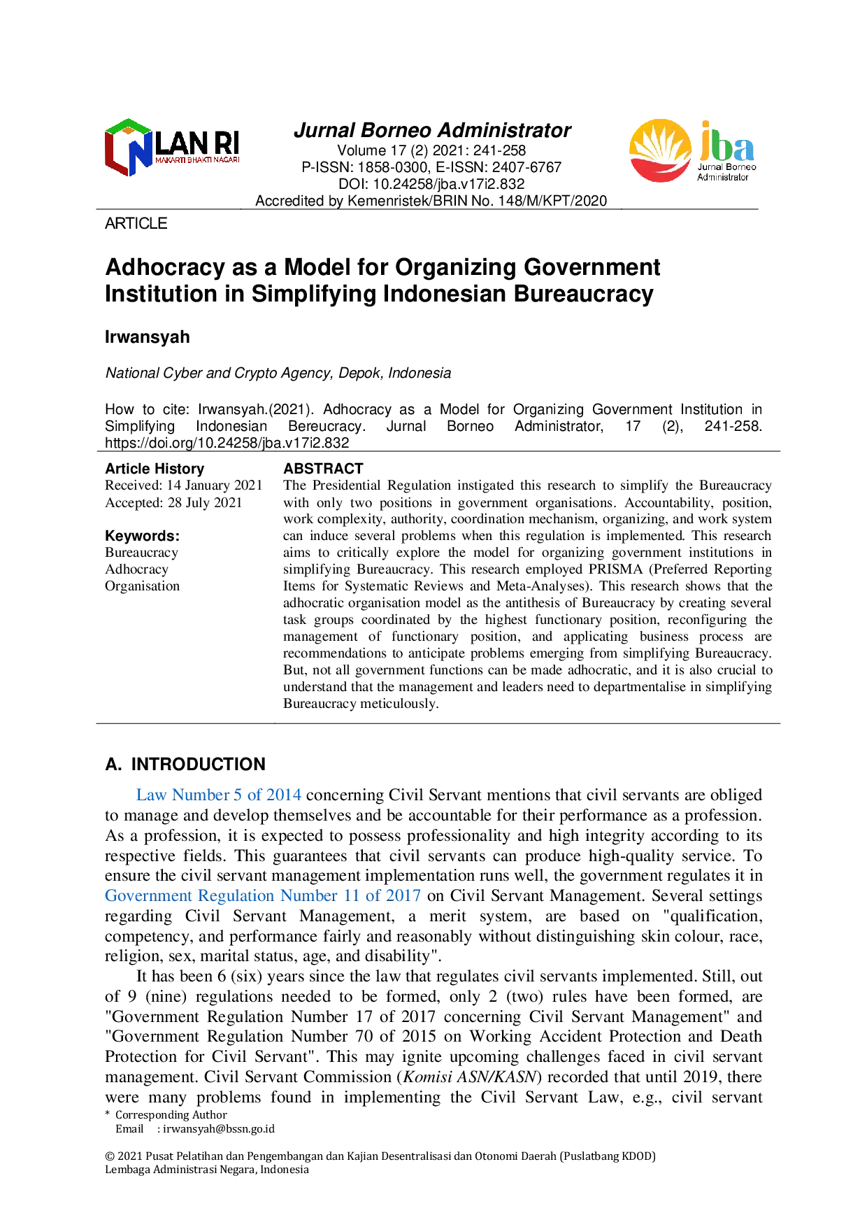 JURIS Adhocracy as a Model for Organizing Government Institution in Simplifying Indonesian Bureaucracy