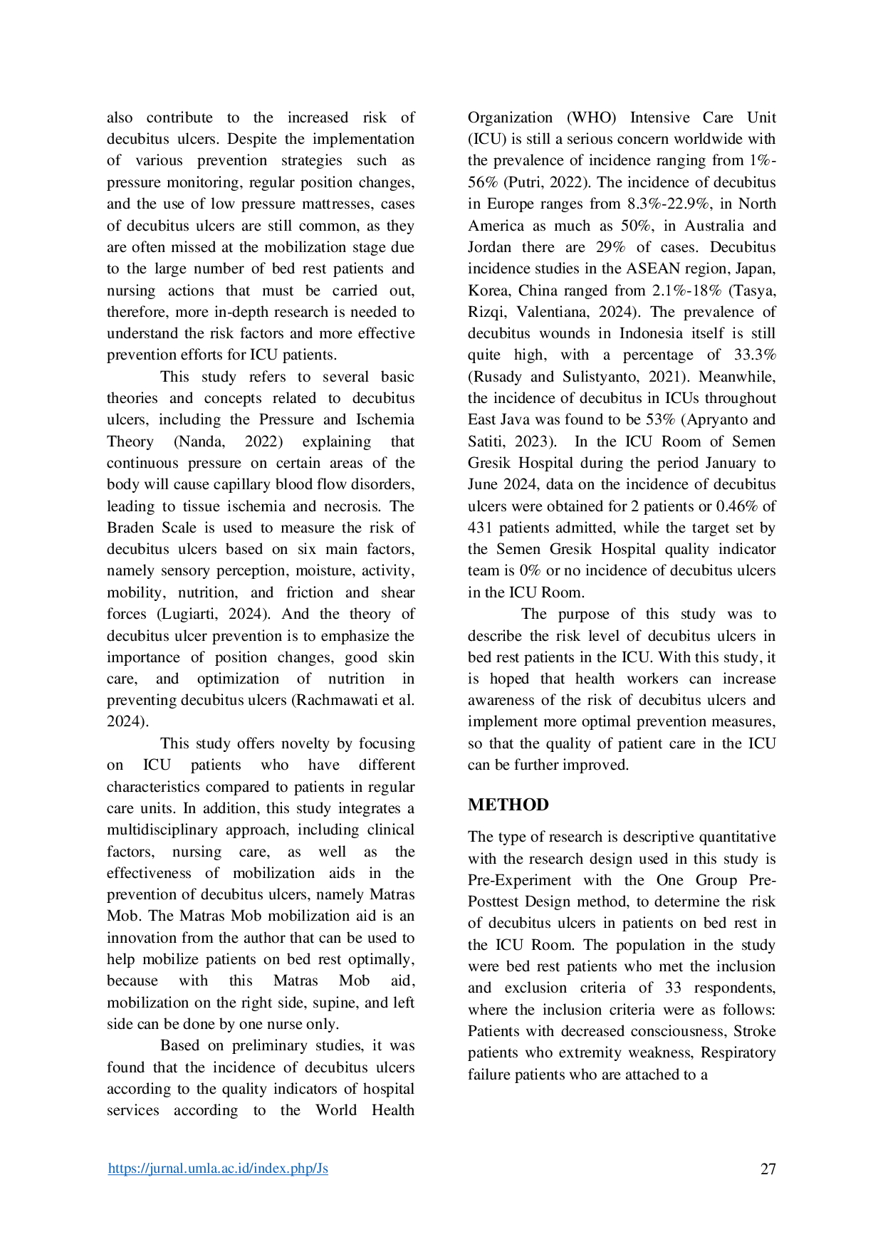 JURIS The Risk of Decubitus Ulcers in Bed Rest Patients in The Intensive Care Unit