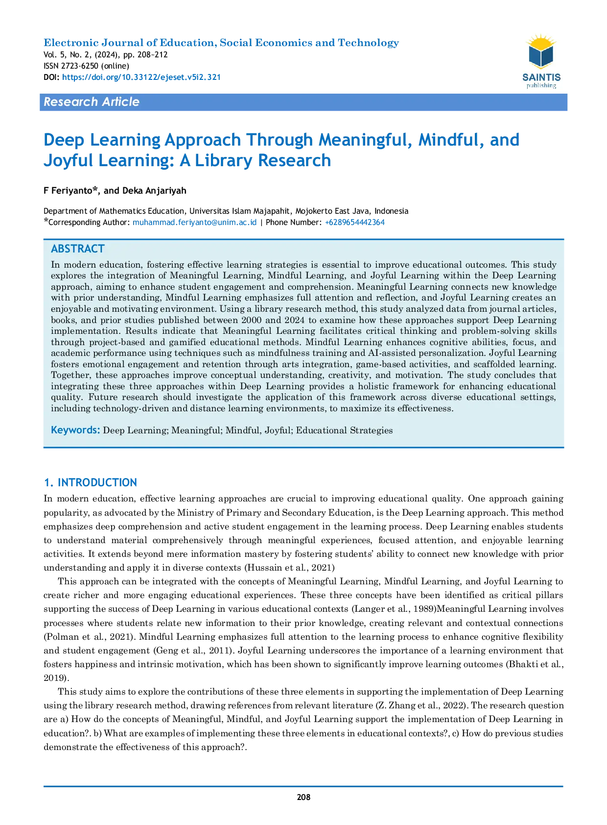 JURIS Deep Learning Approach Through Meaningful Mindful and Joyful Learning A Library Research