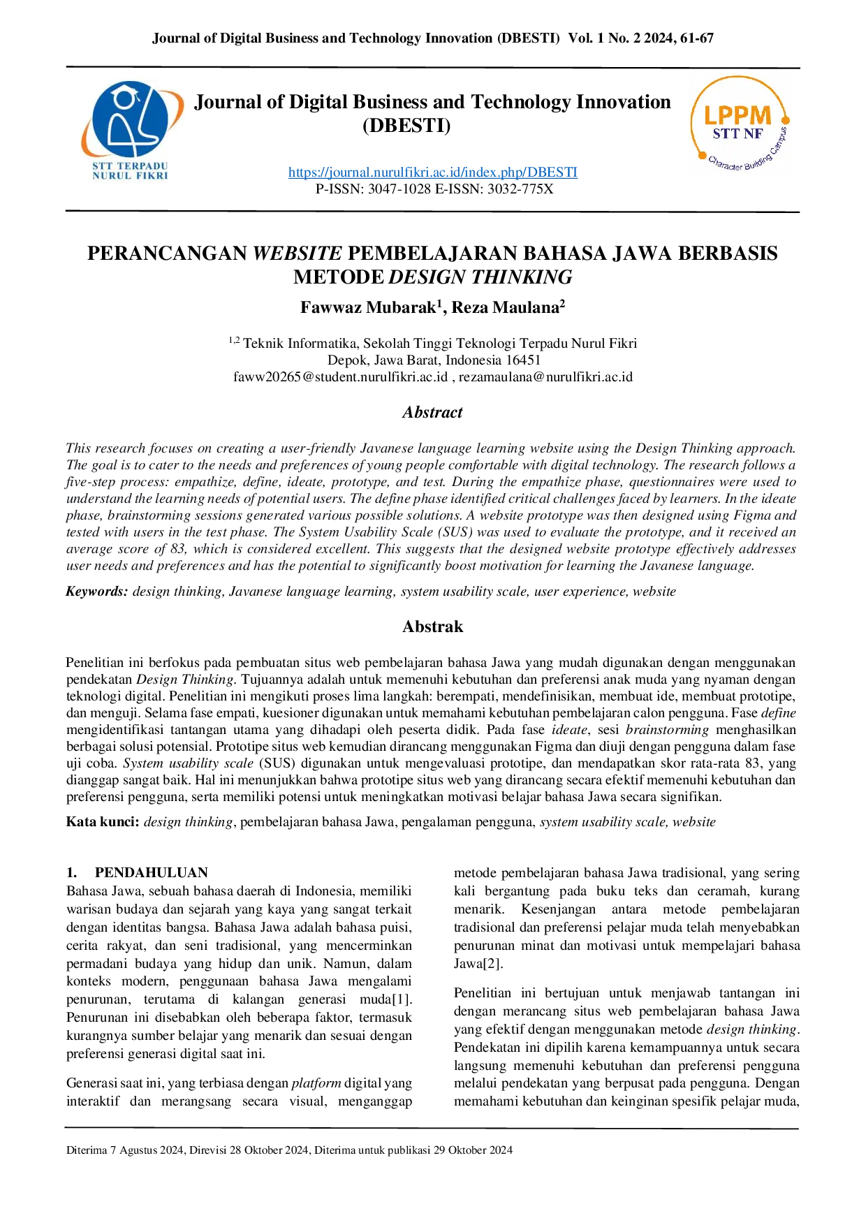 JURIS Designing a Javanese Language Learning Website Based on the Design Thinking Method