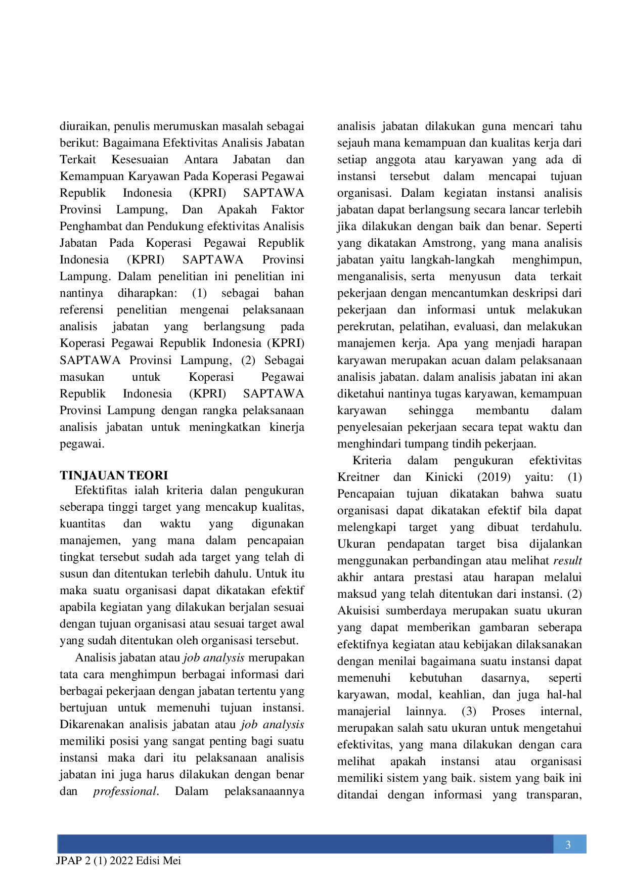 JURIS Efektivitas Analisis Jabatan Pada Koperasi Pegawai Republik Indonesia KPRI Saptawa Provinsi Lampung