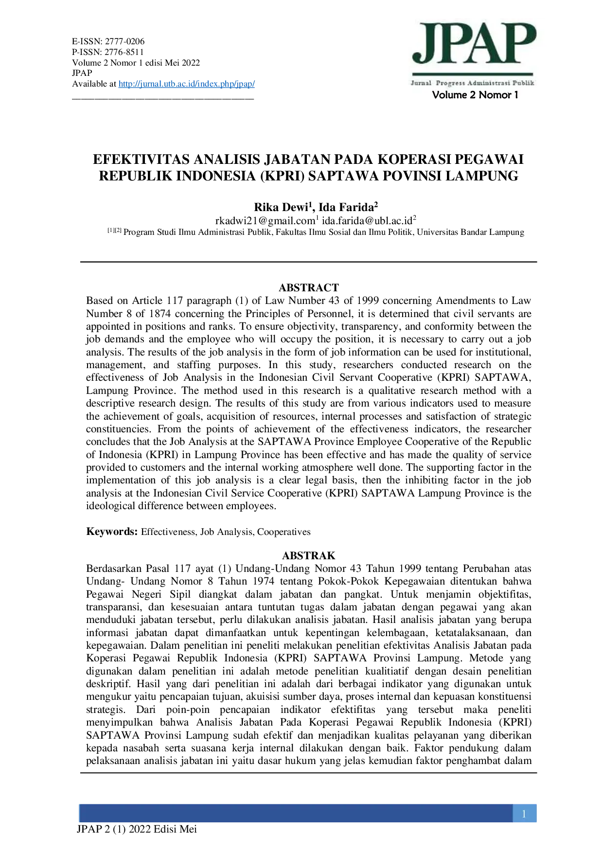 JURIS Efektivitas Analisis Jabatan Pada Koperasi Pegawai Republik Indonesia KPRI Saptawa Provinsi Lampung