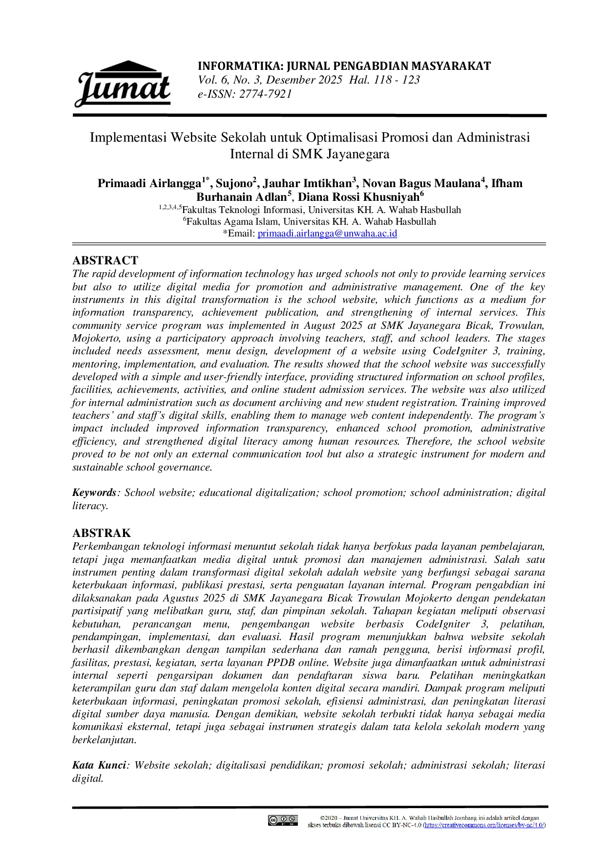 JURIS Implementasi Website Sekolah untuk Optimalisasi Promosi dan Administrasi Internal di SMK Jayanegara