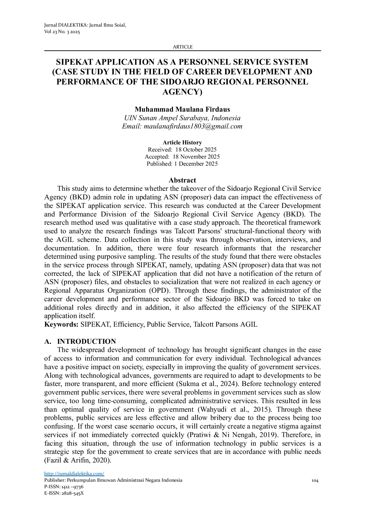 JURIS Sipekat Application as a Personnel Service System Case Study in the Field of Career Development and Performance of the Sidoarjo Regional Personnel Agency