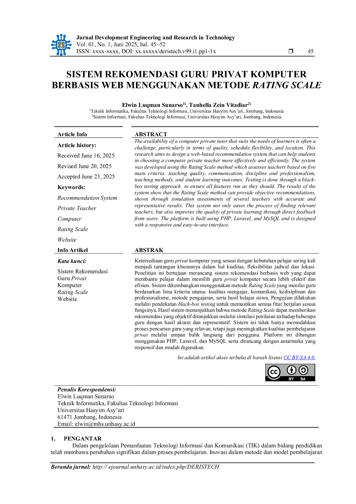 JURIS A Web Based Recommendation System for Private Computer Tutors Using the Rating Scale Method Case Study PT Imersa Solusi Teknologi