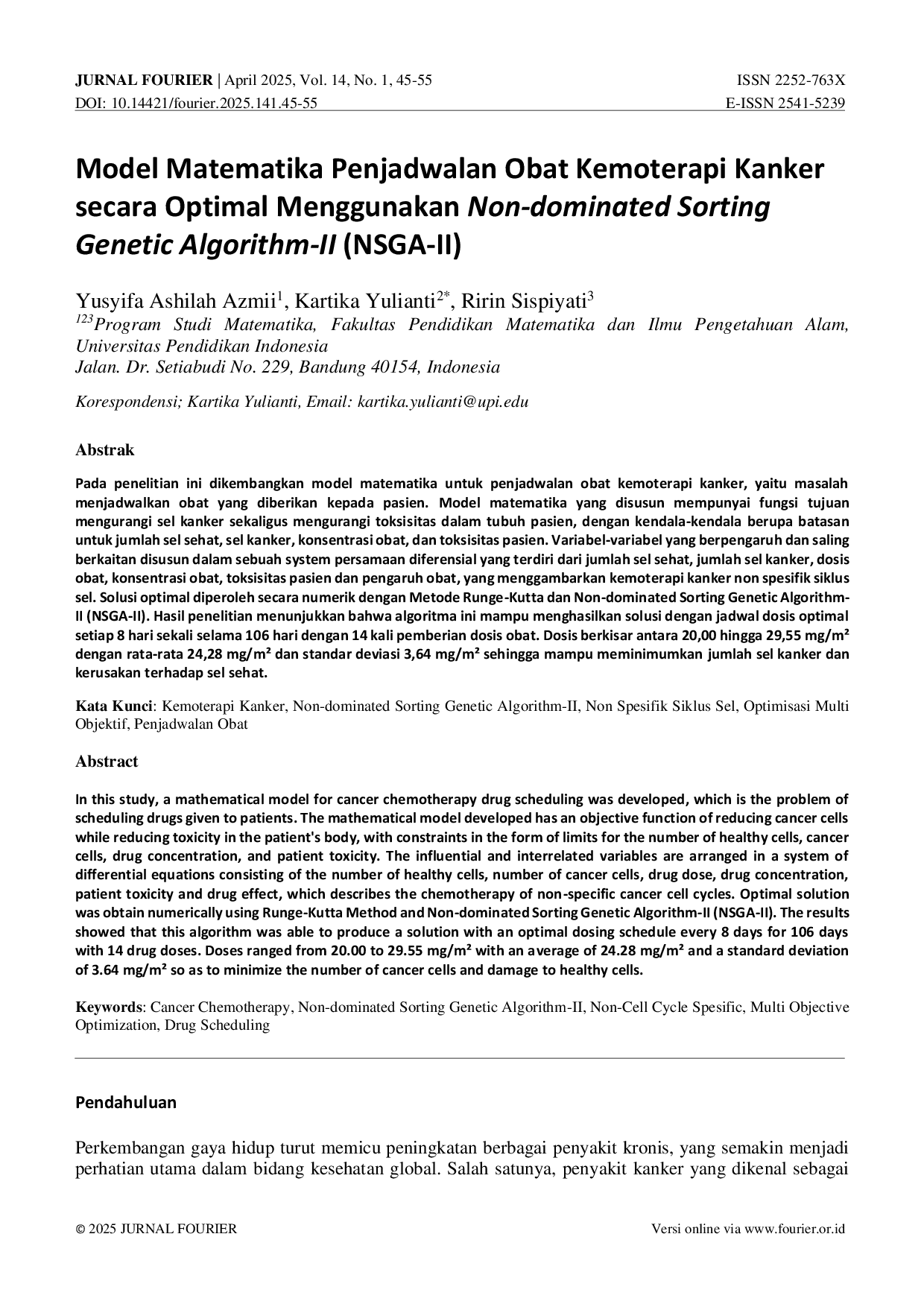 JURIS Model Matematika Penjadwalan Obat Kemoterapi Kanker secara Optimal Menggunakan Non dominated Sorting Genetic Algorithm II NSGA II